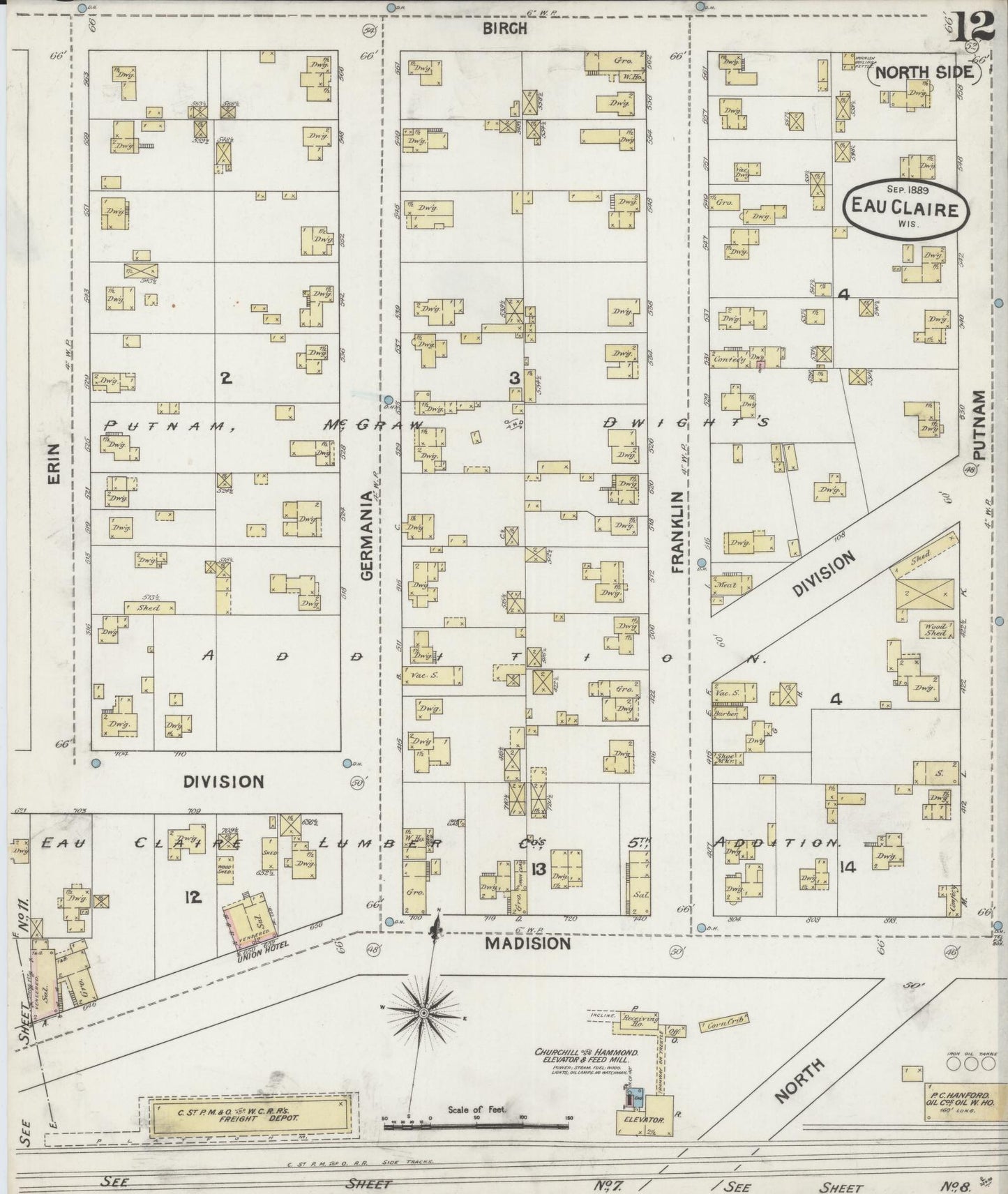 Sanborn Fire Insurance Map from Eau Claire, Eau Claire County, Wisconsin (1889), Sheet #0012 - Historic Sanborn Fire Insurance Map Print, vintage old map wall art, antique decor, genealogy gift, Wisconsin Wisconsin map