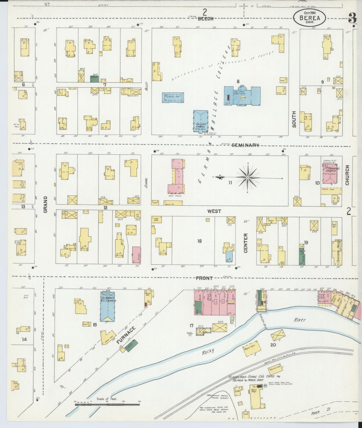 Sanborn Fire Insurance Map from Berea, Cuyahoga County, Ohio (1901), Sheet #0003 - Complete Map Set gallery image, historic Sanborn map, vintage wall art, Ohio Ohio