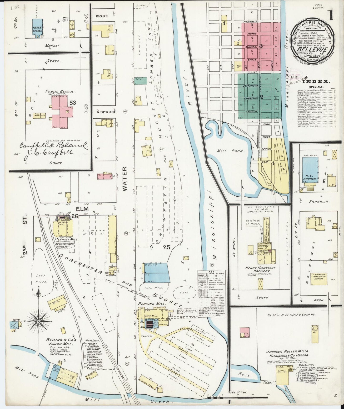 Sanborn Fire Insurance Map from Bellevue, Jackson County, Iowa (1894), Sheet #0001 - Historic Sanborn Fire Insurance Map Print, vintage old map wall art