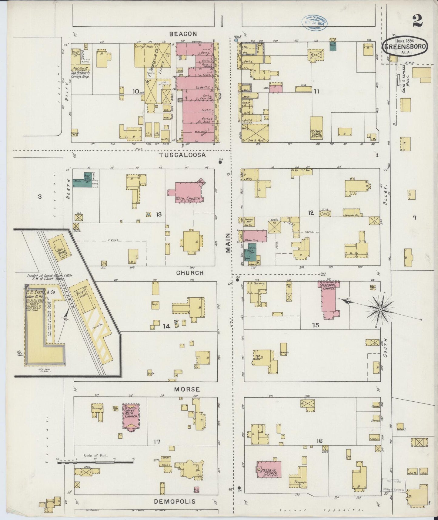 Sanborn Fire Insurance Map from Greensboro, Hale County, Alabama (1894), Sheet #0002 - Historic Sanborn Fire Insurance Map Print, vintage old map wall art, antique decor, genealogy gift, Alabama Alabama map
