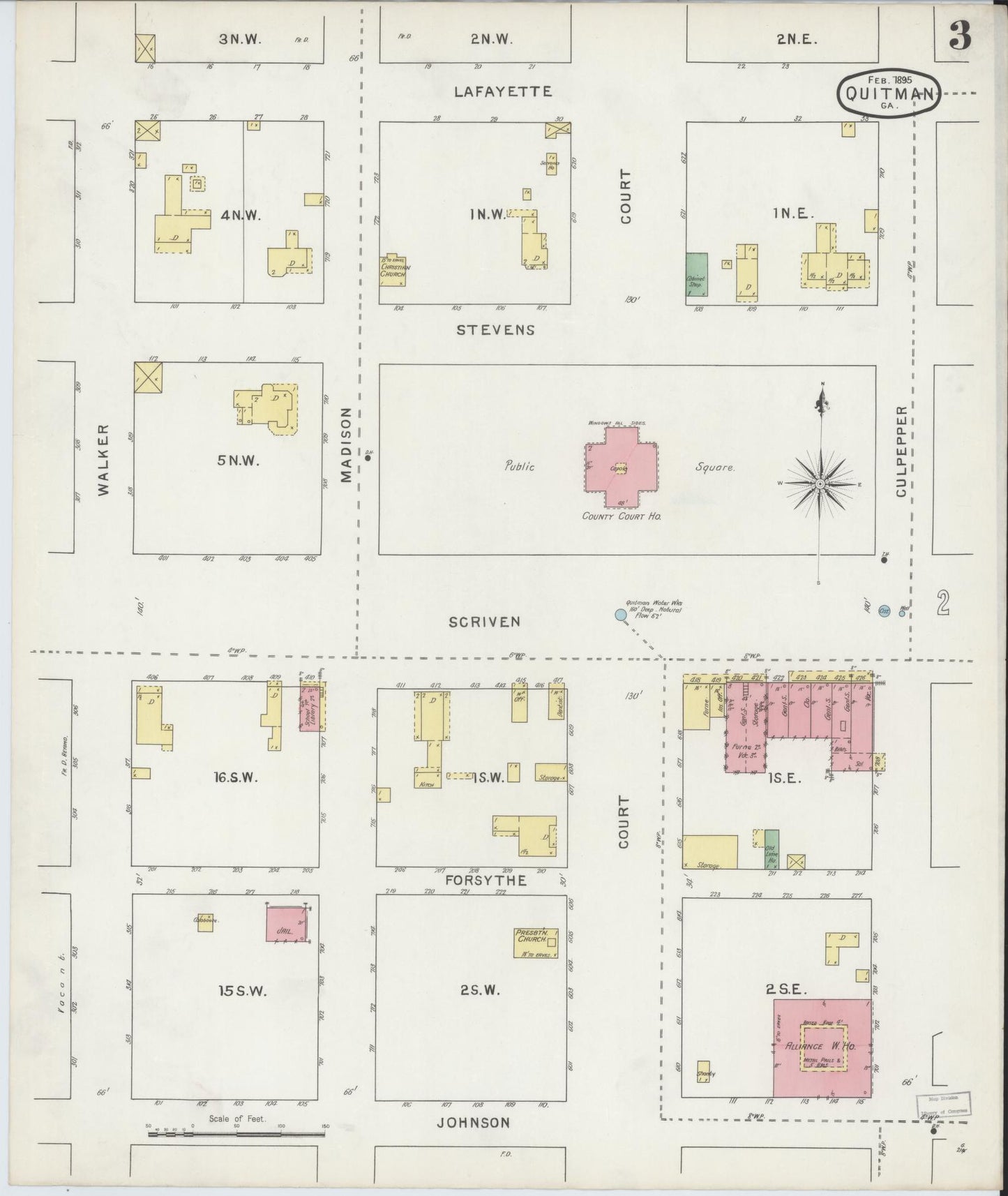 Sanborn Fire Insurance Map from Quitman, Brooks County, Georgia (1895), Sheet #0003 - Historic Sanborn Fire Insurance Map Print, vintage old map wall art, antique decor, genealogy gift, Georgia Georgia map