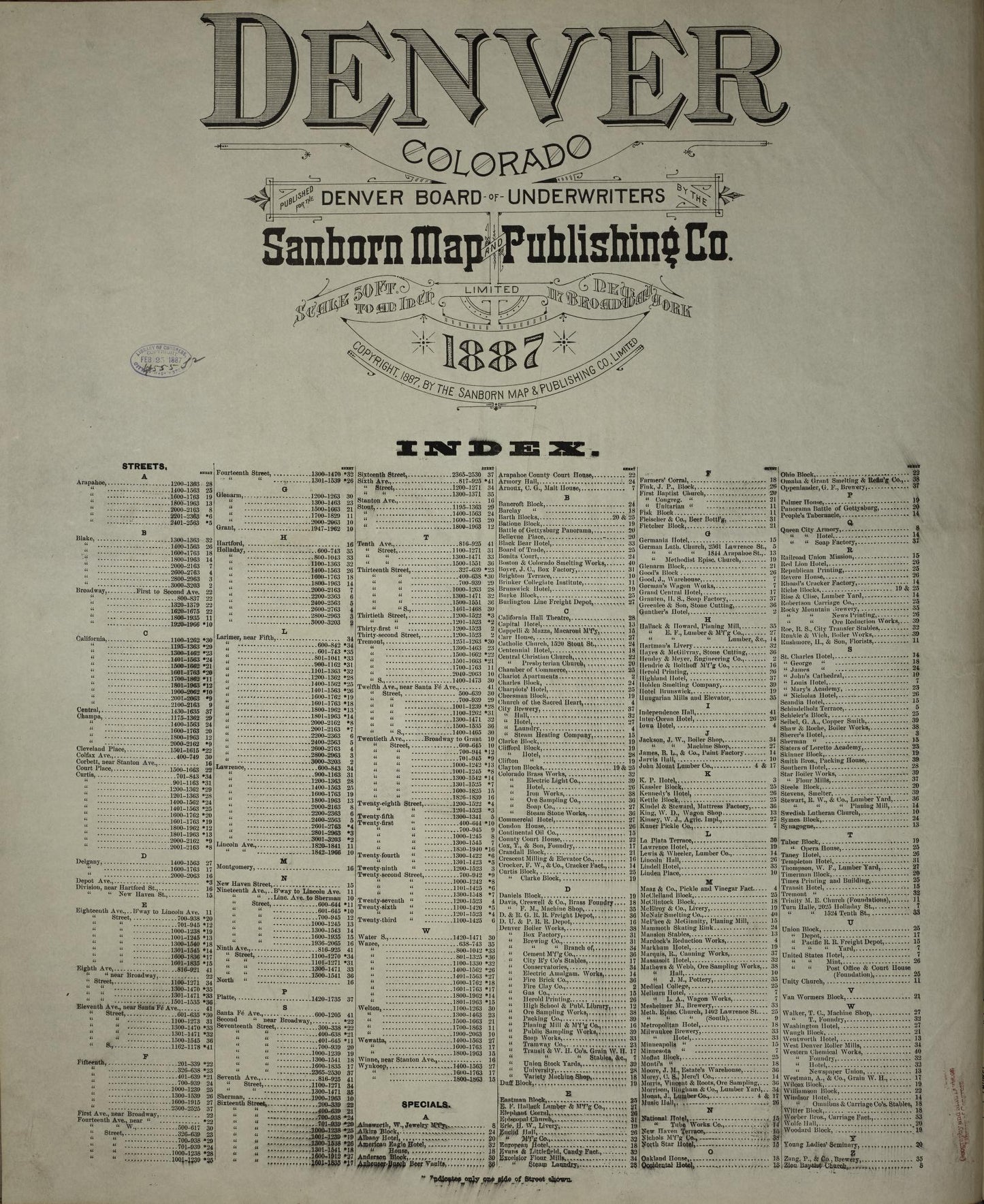 Sanborn Fire Insurance Map from Denver, Denver County, Colorado (1887), Sheet #0001 - Historic Sanborn Fire Insurance Map Print, vintage old map wall art, antique decor, genealogy gift, Colorado Colorado map