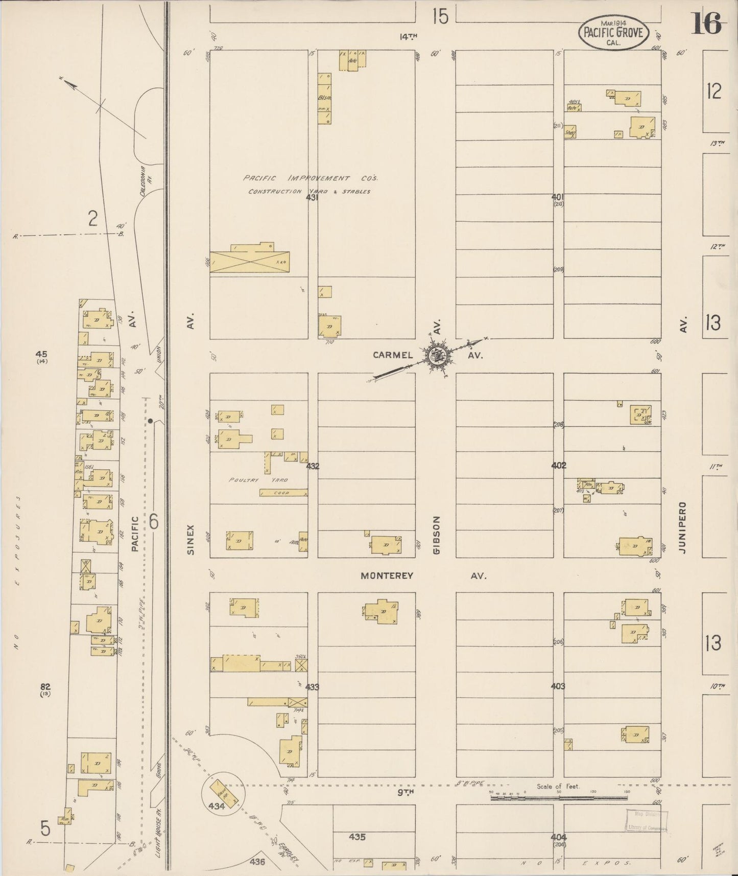 Sanborn Fire Insurance Map from Pacific Grove, Monterey County, California (1914), Sheet #0016 - Complete Map Set gallery image, historic Sanborn map, vintage wall art, California California