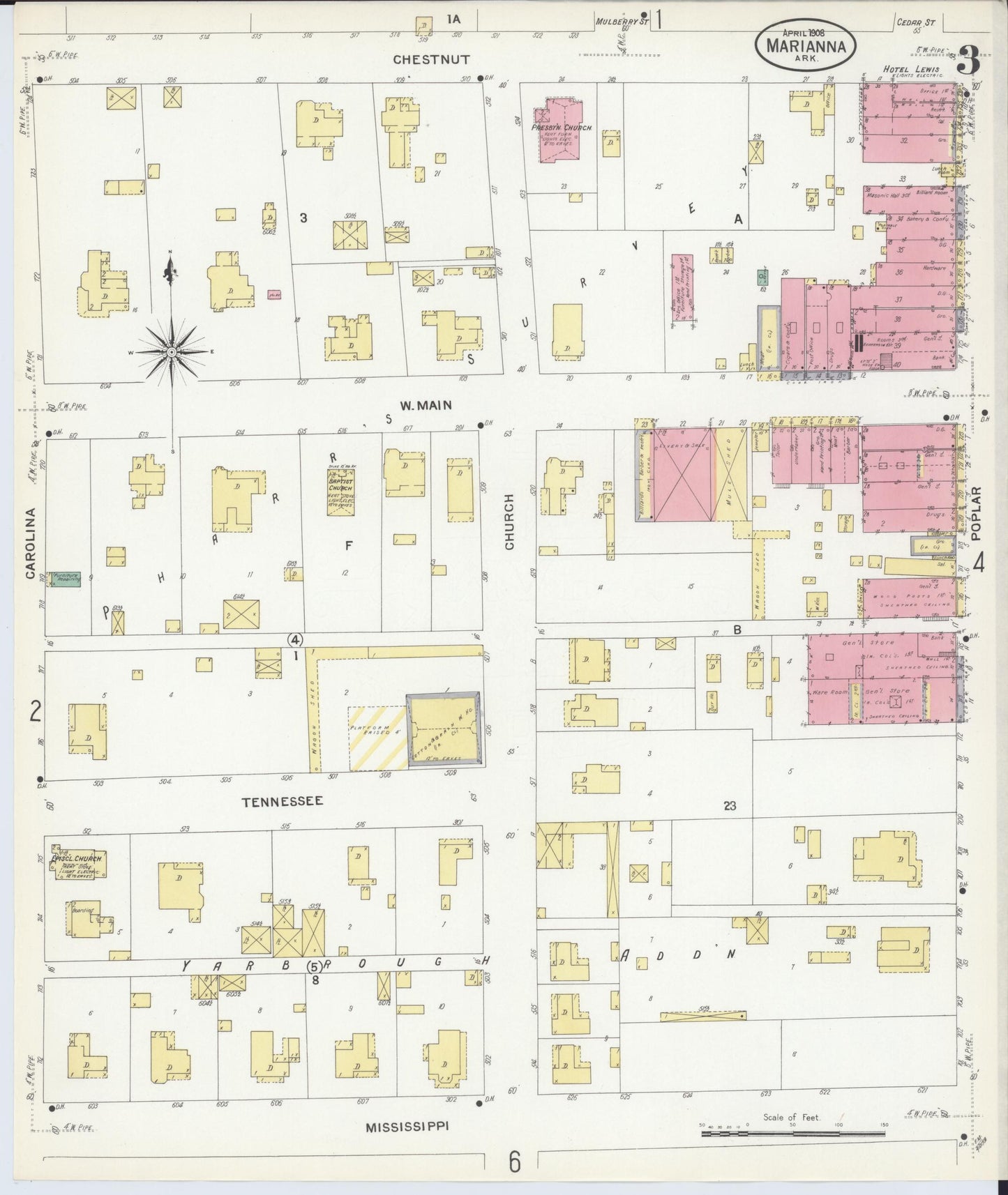 Sanborn Fire Insurance Map from Marianna, Lee County, Arkansas (1908), Sheet #0003 - Historic Sanborn Fire Insurance Map Print, vintage old map wall art, antique decor, genealogy gift, Arkansas Arkansas map