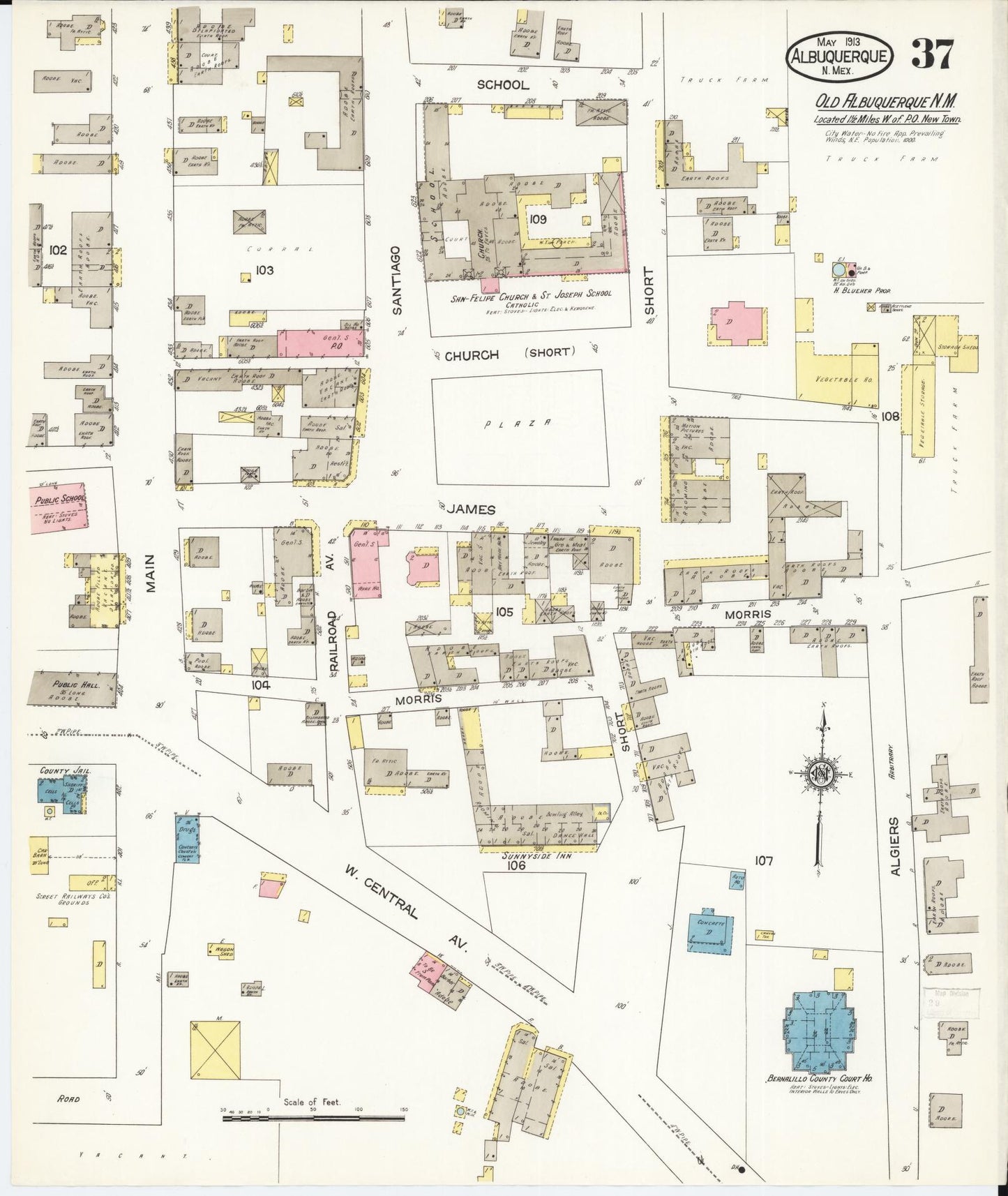 Sanborn Fire Insurance Map from Albuquerque, Bernalillo County, New Mexico (1913), Sheet #0037 - Historic Sanborn Fire Insurance Map Print, vintage old map wall art, antique decor, genealogy gift, New Mexico New Mexico map
