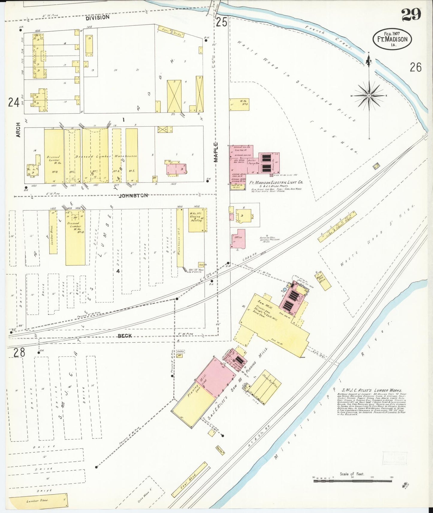 Sanborn Fire Insurance Map from Fort Madison, Lee County, Iowa (1907), Sheet #0029 - Historic Sanborn Fire Insurance Map Print, vintage old map wall art