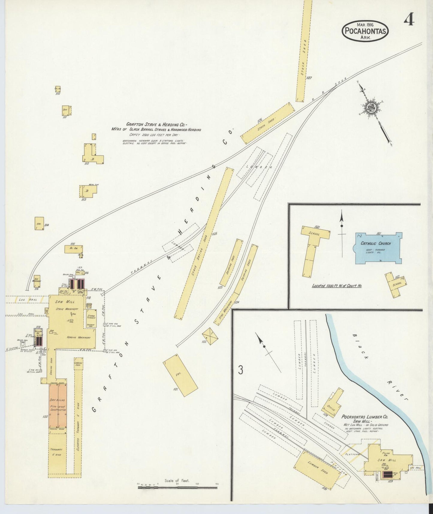 Sanborn Fire Insurance Map from Pocahontas, Randolph County, Arkansas (1916), Sheet #0004 - Historic Sanborn Fire Insurance Map Print, vintage old map wall art, antique decor, genealogy gift, Arkansas Arkansas map
