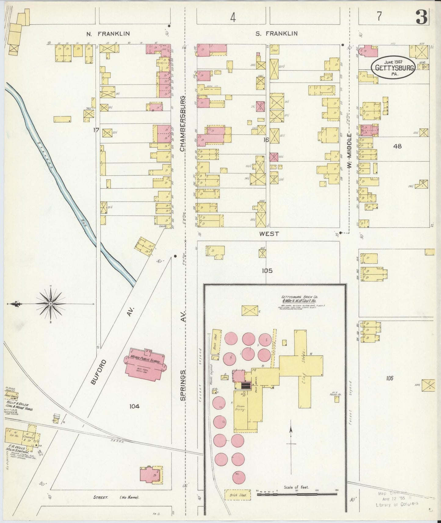 Sanborn Fire Insurance Map from Gettysburg, Adams County, Pennsylvania (1907), Sheet #0003 - Historic Sanborn Fire Insurance Map Print, vintage old map wall art, antique decor, genealogy gift, Pennsylvania Pennsylvania map