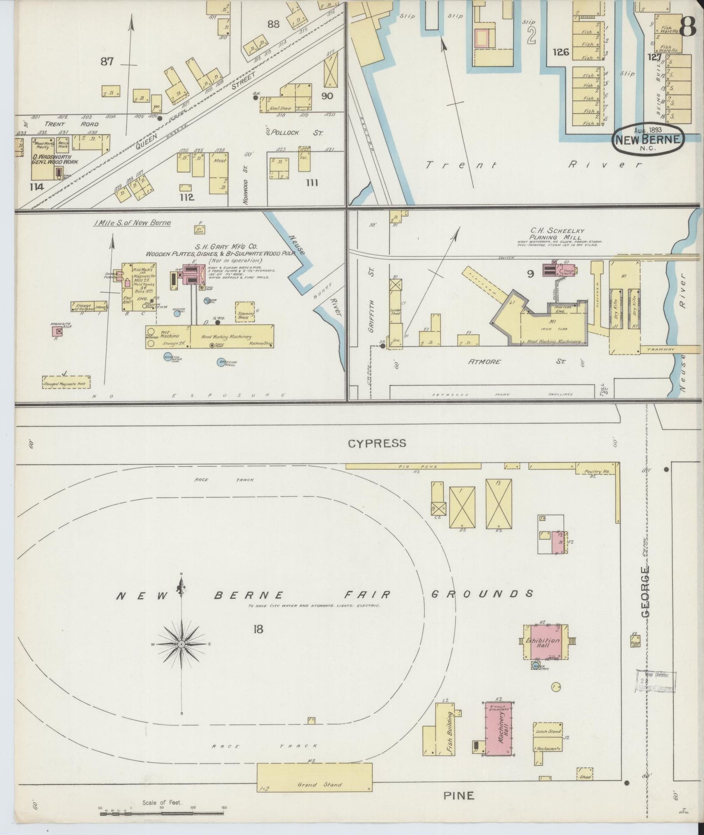 Sanborn Fire Insurance Map from New Bern, Craven County, North Carolina (1893), Sheet #0008 - Historic Sanborn Fire Insurance Map Print, vintage old map wall art, antique decor, genealogy gift, North Carolina North Carolina map