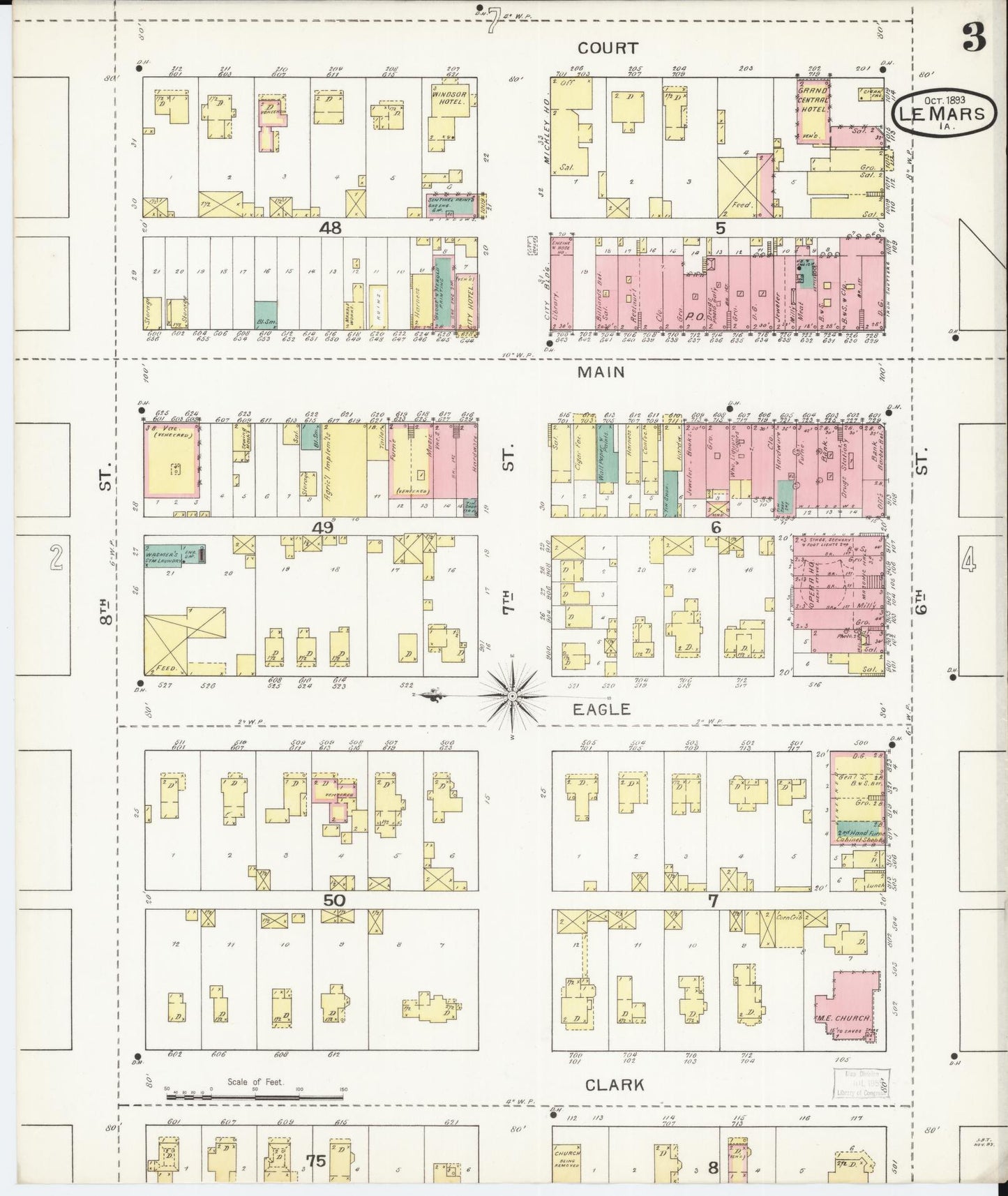 Sanborn Fire Insurance Map from Le Mars, Plymouth County, Iowa (1893), Sheet #0003 - Historic Sanborn Fire Insurance Map Print, vintage old map wall art