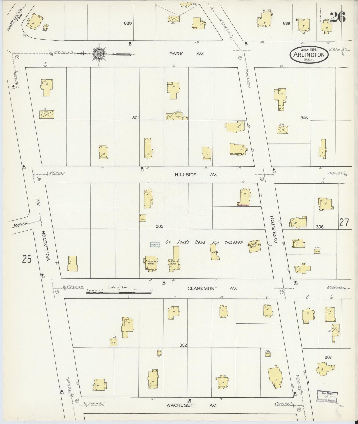 Sanborn Fire Insurance Map from Arlington, Middlesex County, Massachusetts (1914), Sheet #0026 - Historic Sanborn Fire Insurance Map Print, vintage old map wall art, antique decor, genealogy gift, Massachusetts Massachusetts map