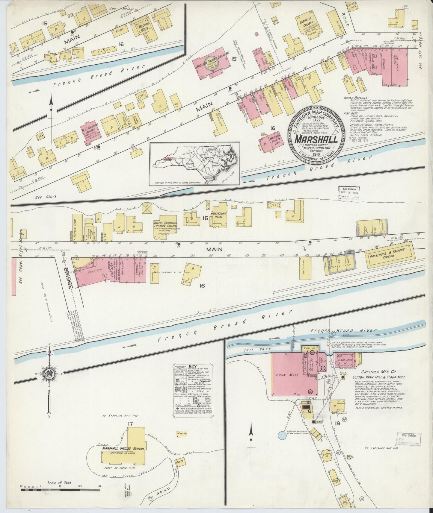 Sanborn Fire Insurance Map from Marshall, Madison County, North Carolina (1916), Sheet #0001 - Historic Sanborn Fire Insurance Map Print, vintage old map wall art, antique decor, genealogy gift, North Carolina North Carolina map