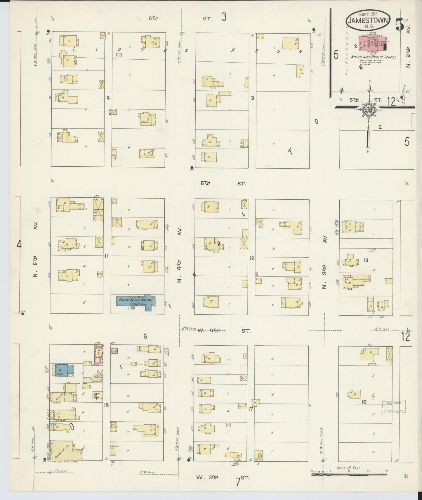 Sanborn Fire Insurance Map from Jamestown, Stutsman County, North Dakota (1913), Sheet #0005 - Historic Sanborn Fire Insurance Map Print, vintage old map wall art, antique decor, genealogy gift, North Dakota North Dakota map