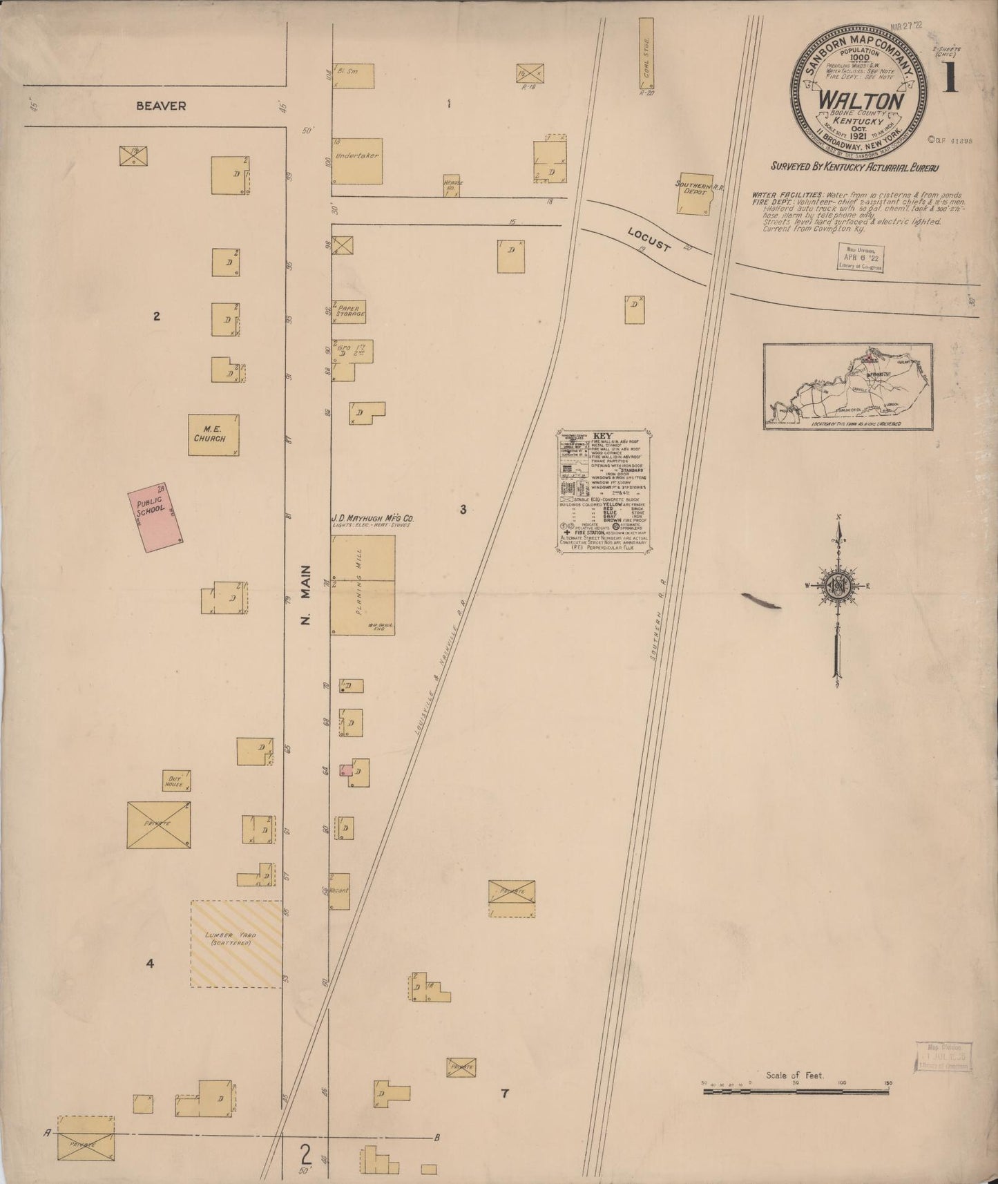 Sanborn Fire Insurance Map from Walton, Boone County, Kentucky (1921), Sheet #0001 - Historic Sanborn Fire Insurance Map Print, vintage old map wall art, antique decor, genealogy gift, Kentucky Kentucky map