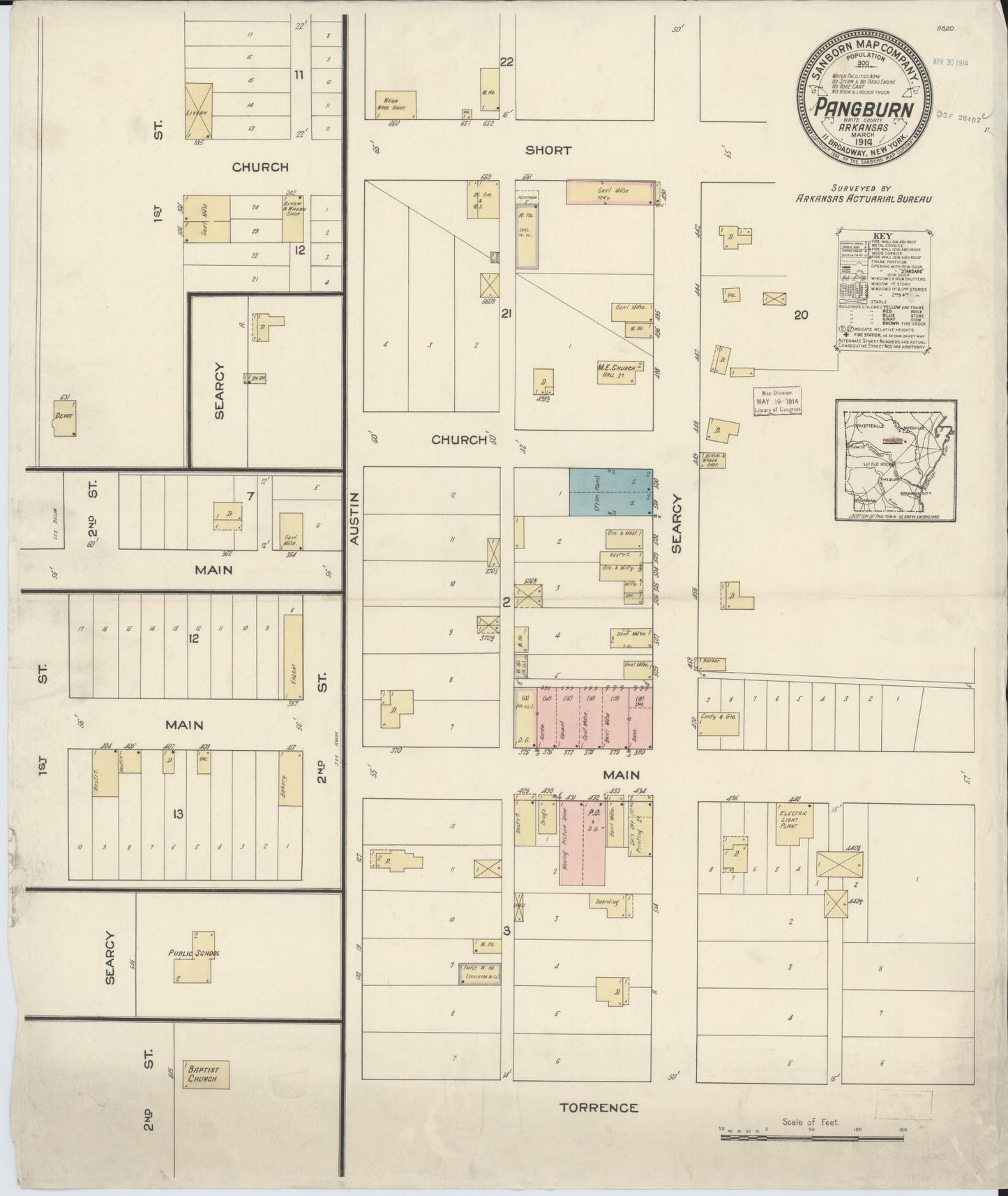 Sanborn Fire Insurance Map from Pangburn, White County, Arkansas (1914), Sheet #0001 - Historic Sanborn Fire Insurance Map Print, vintage old map wall art, antique decor, genealogy gift, Arkansas Arkansas map