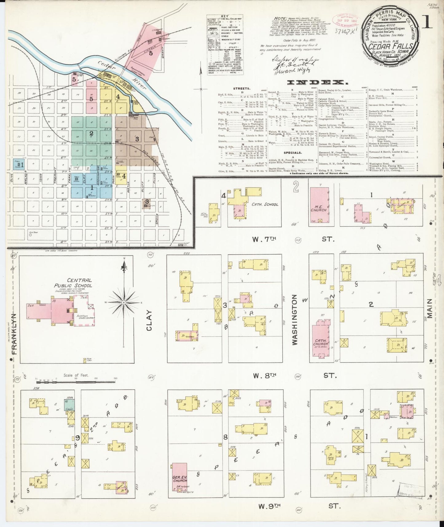 Sanborn Fire Insurance Map from Cedar Falls, Black Hawk County, Iowa (1892), Sheet #0001 - Historic Sanborn Fire Insurance Map Print, vintage old map wall art