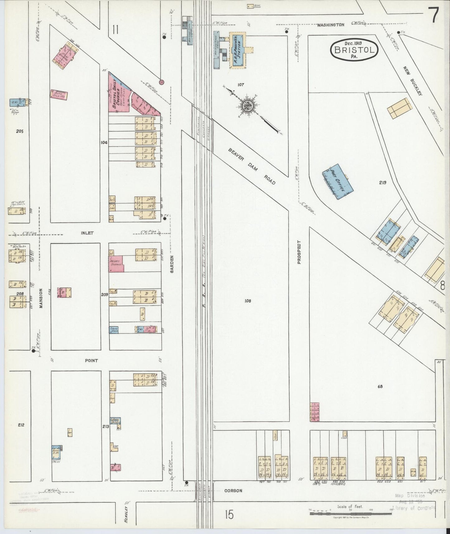 Sanborn Fire Insurance Map from Bristol, Bucks County, Pennsylvania (1927), Sheet #0007 - Historic Sanborn Fire Insurance Map Print, vintage old map wall art, antique decor, genealogy gift, Pennsylvania Pennsylvania map