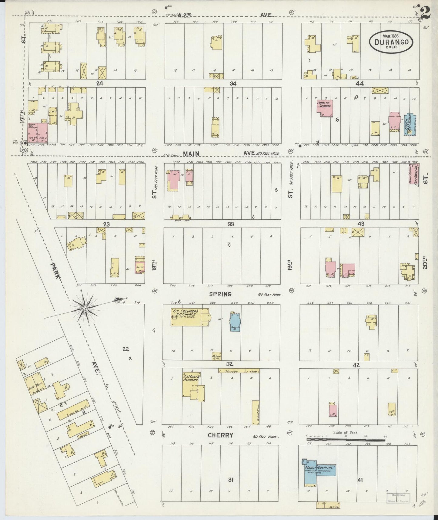 Sanborn Fire Insurance Map from Durango, La Plata County, Colorado (1898), Sheet #0002 - Historic Sanborn Fire Insurance Map Print, vintage old map wall art, antique decor, genealogy gift, Colorado Colorado map