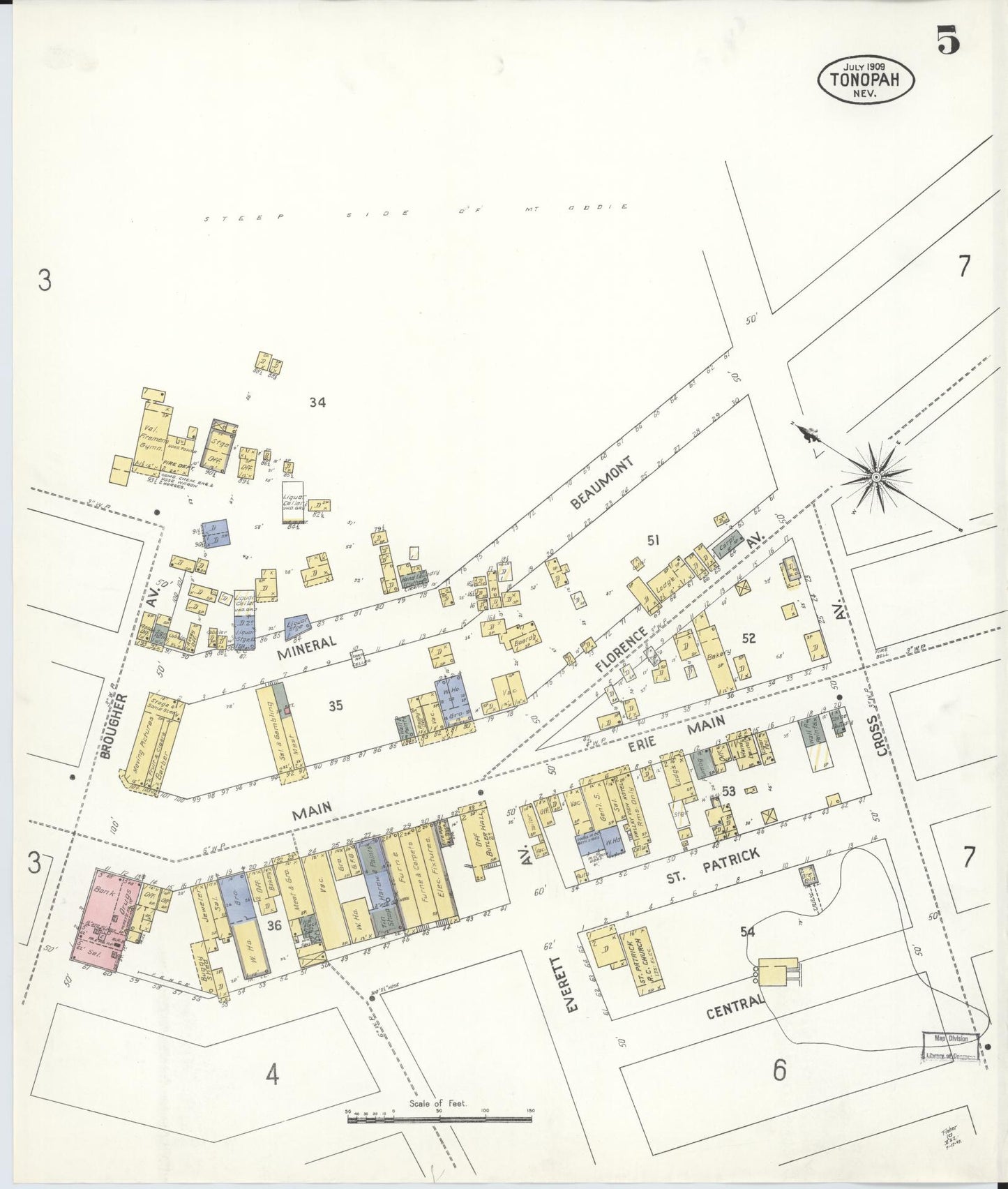 Sanborn Fire Insurance Map from Tonopah, Nye County, Nevada (1909), Sheet #0005 - Historic Sanborn Fire Insurance Map Print, vintage old map wall art, antique decor, genealogy gift, Nevada Nevada map