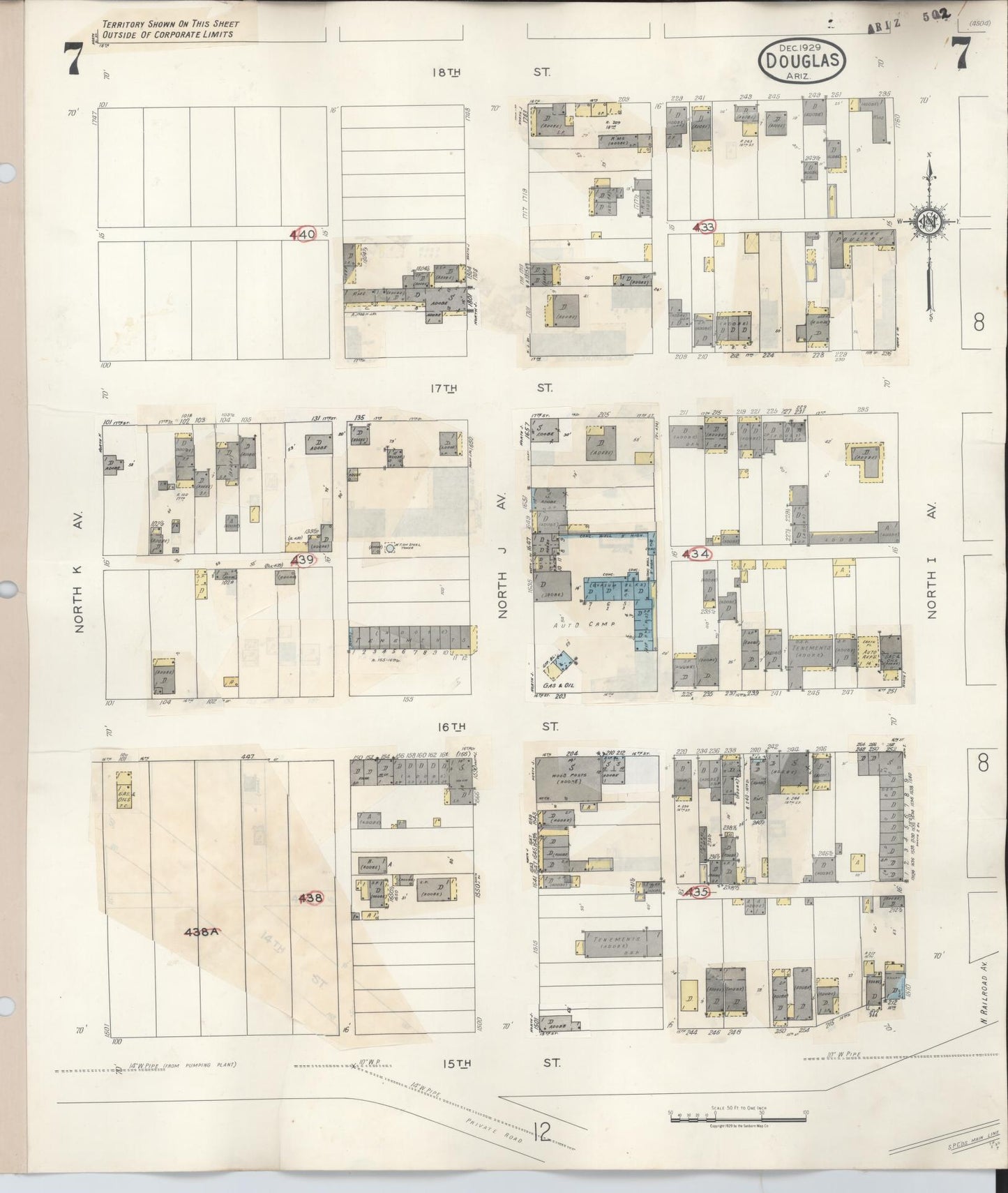 Sanborn Fire Insurance Map from Douglas, Cochise County, Arizona (1947), Sheet #0007 - Historic Sanborn Fire Insurance Map Print, vintage old map wall art, antique decor, genealogy gift, Arizona Arizona map