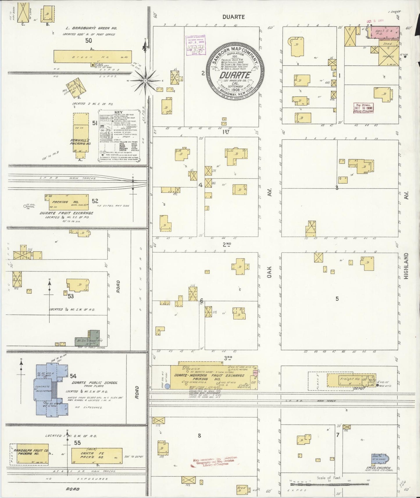Sanborn Fire Insurance Map from Duarte, Los Angeles County, California (1908), Sheet #0001 - Historic Sanborn Fire Insurance Map Print, vintage old map wall art, antique decor, genealogy gift, California California map