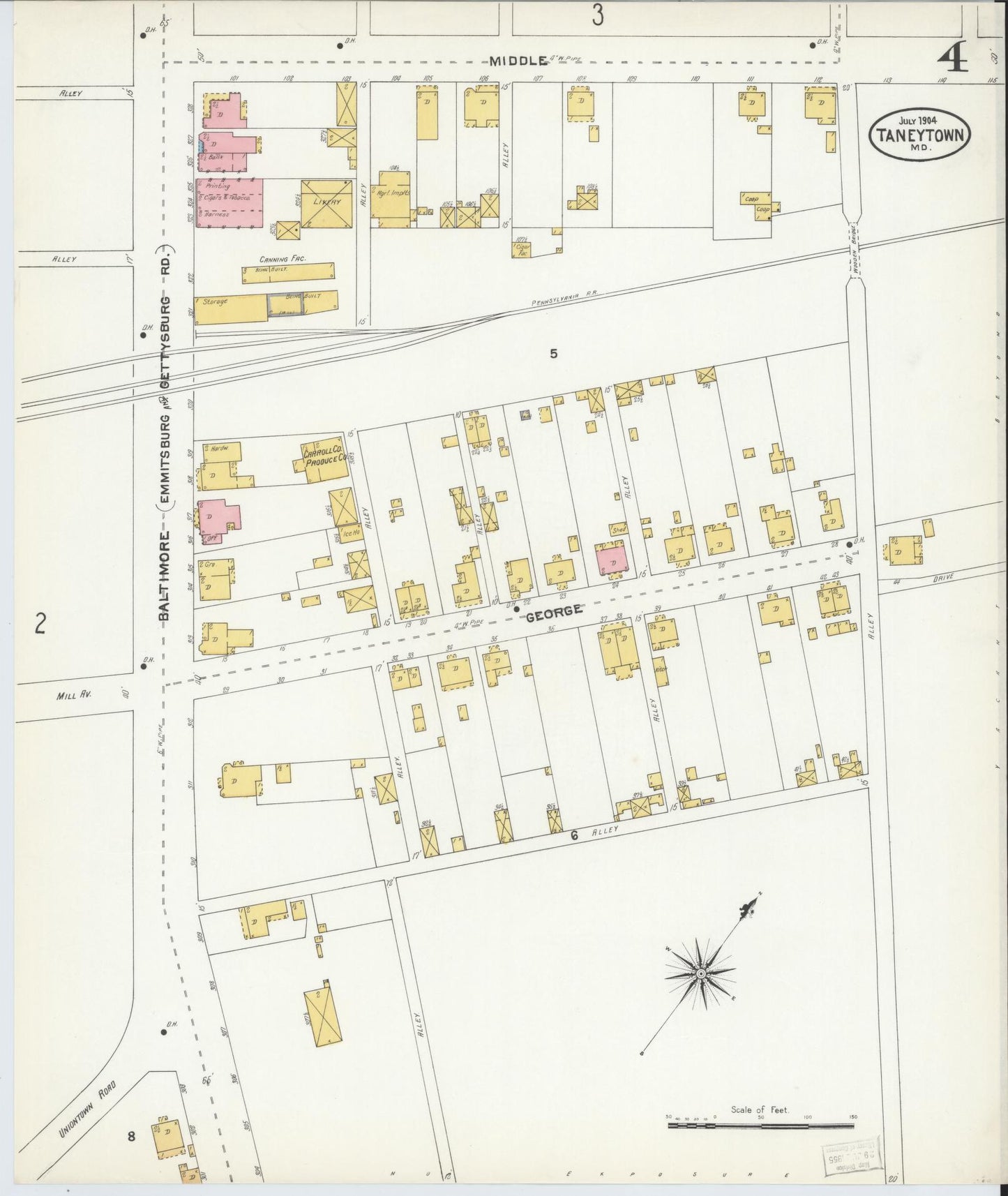 Sanborn Fire Insurance Map from Taneytown, Carroll County, Maryland (1904), Sheet #0004 - Historic Sanborn Fire Insurance Map Print, vintage old map wall art, antique decor, genealogy gift, Maryland Maryland map