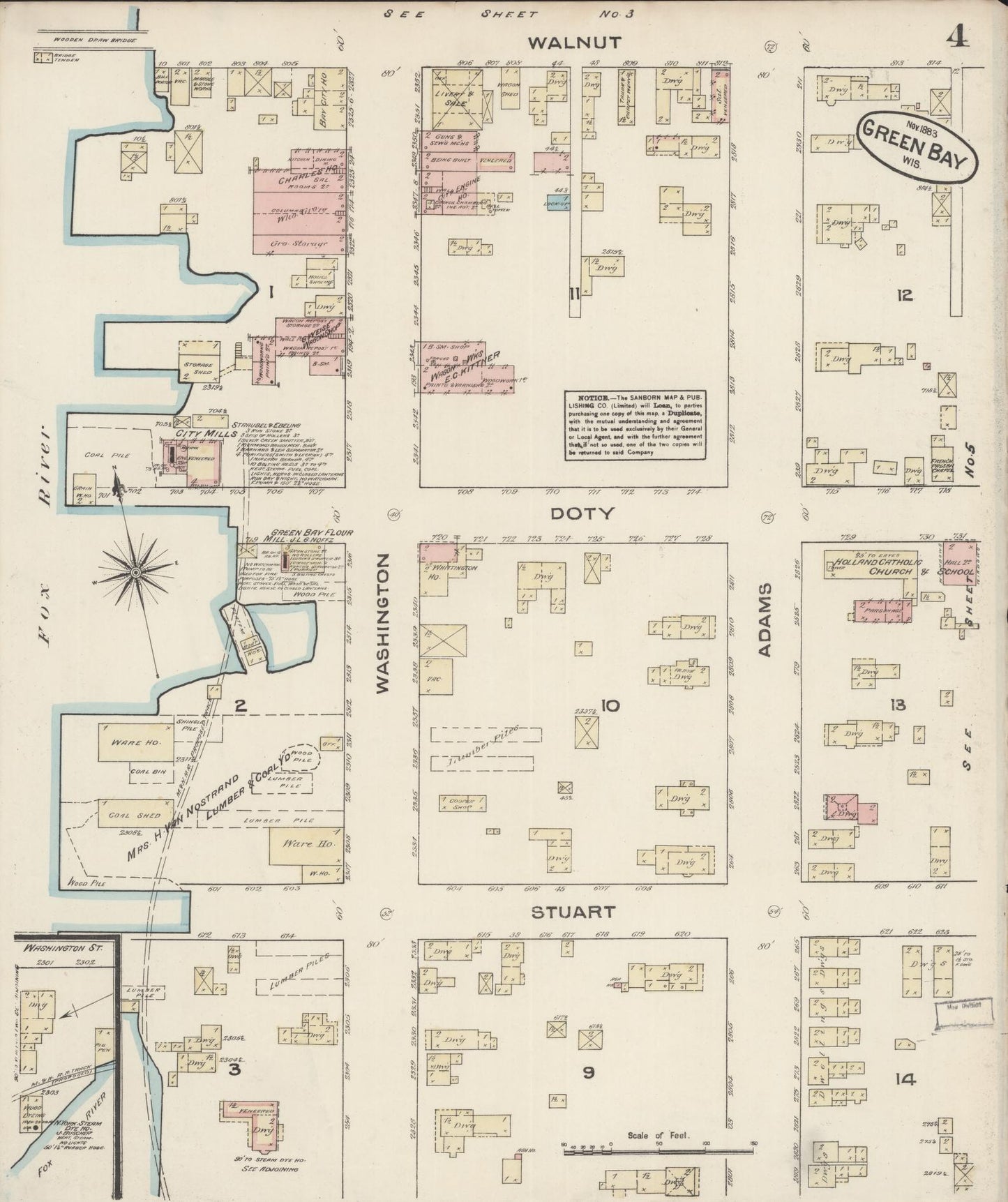 Sanborn Fire Insurance Map from Green Bay, Brown County, Wisconsin (1883), Sheet #0004 - Historic Sanborn Fire Insurance Map Print, vintage old map wall art, antique decor, genealogy gift, Wisconsin Wisconsin map