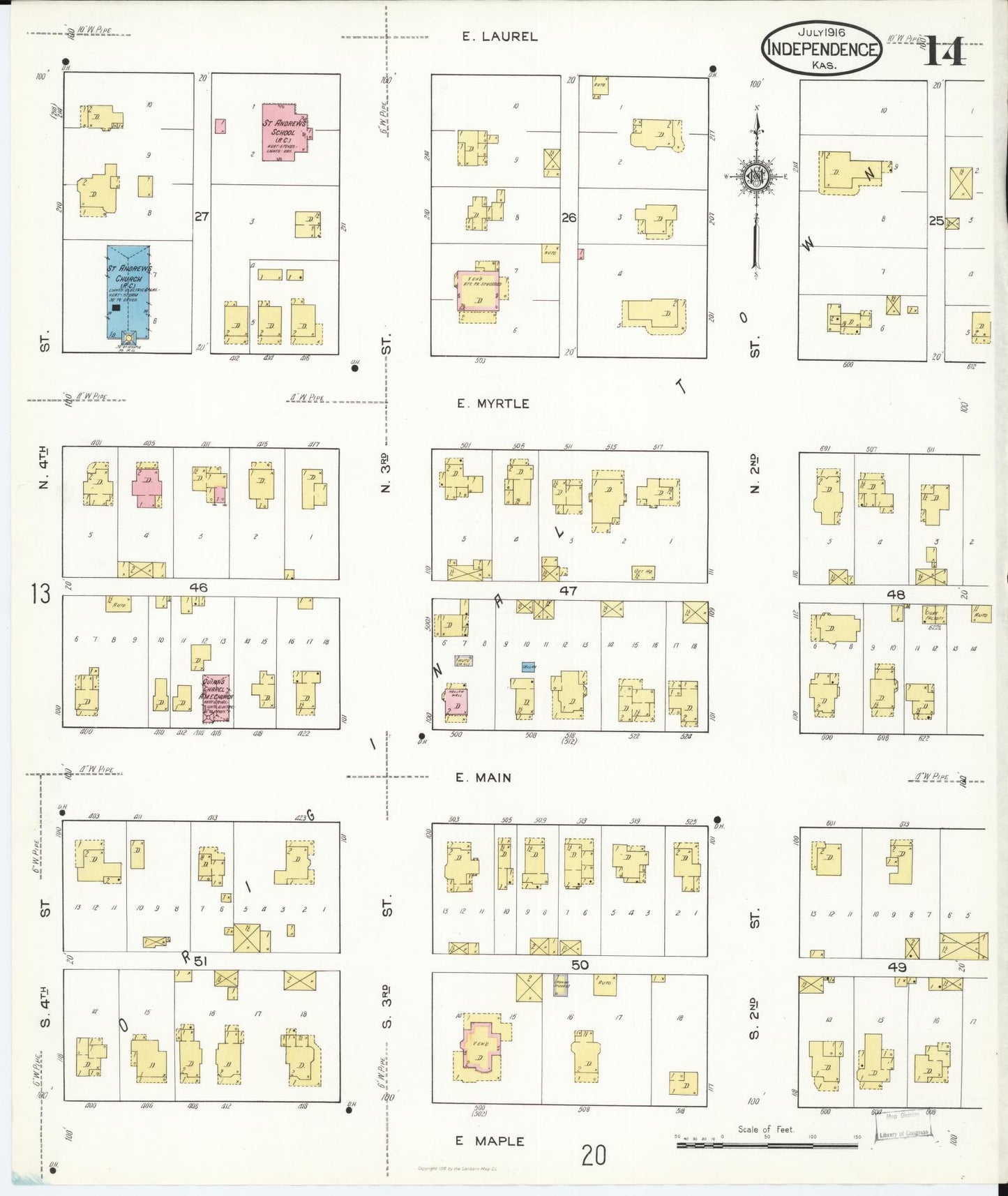 Sanborn Fire Insurance Map from Independence, Montgomery County, Kansas (1916), Sheet #0014 - Historic Sanborn Fire Insurance Map Print, vintage old map wall art, antique decor, genealogy gift, Kansas Kansas map