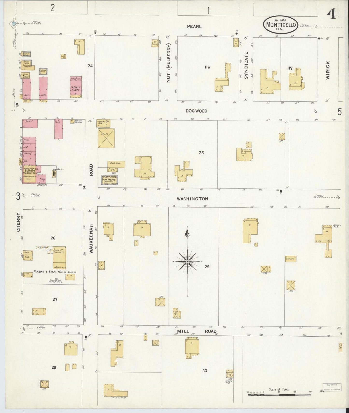 Sanborn Fire Insurance Map from Monticello, Jefferson County, Florida (1909), Sheet #0004 - Historic Sanborn Fire Insurance Map Print, vintage old map wall art, antique decor, genealogy gift, Florida Florida map