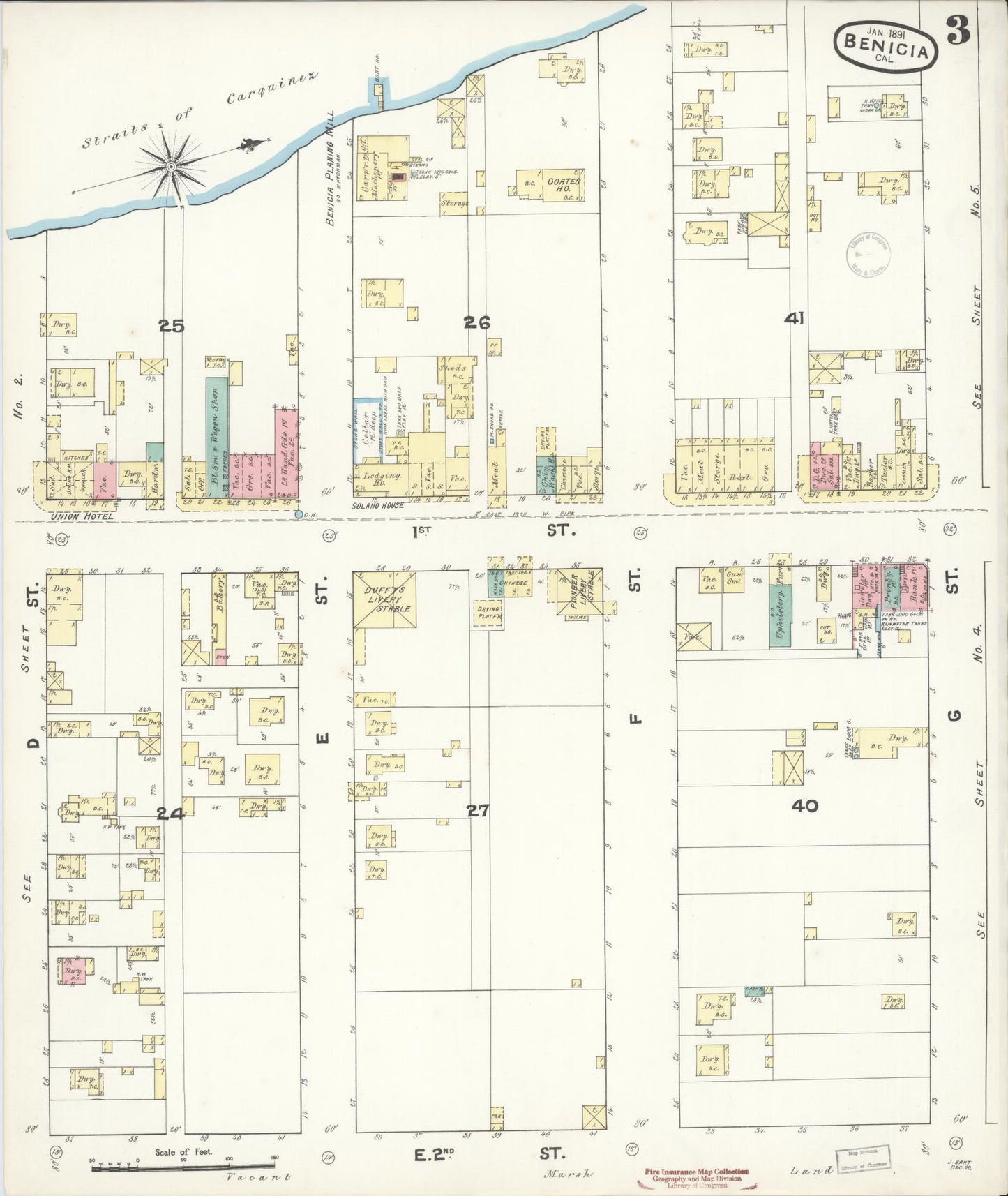Sanborn Fire Insurance Map from Benicia, Solano County, California (1891), Sheet #0003 - Historic Sanborn Fire Insurance Map Print, vintage old map wall art, antique decor, genealogy gift, California California map