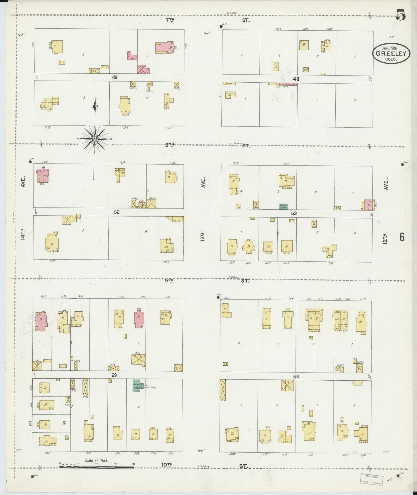 Sanborn Fire Insurance Map from Greeley, Weld County, Colorado (1906), Sheet #0005 - Historic Sanborn Fire Insurance Map Print, vintage old map wall art, antique decor, genealogy gift, Colorado Colorado map