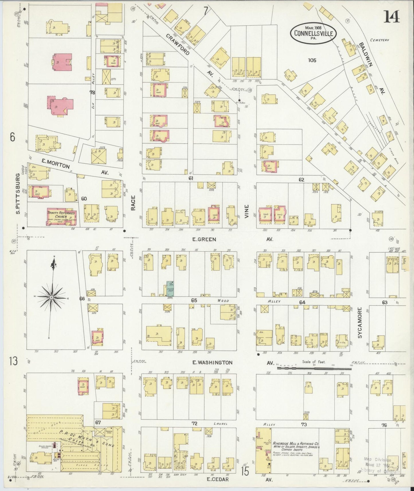 Sanborn Fire Insurance Map from Connellsville, Fayette County, Pennsylvania (1908), Sheet #0014 - Historic Sanborn Fire Insurance Map Print, vintage old map wall art, antique decor, genealogy gift, Pennsylvania Pennsylvania map
