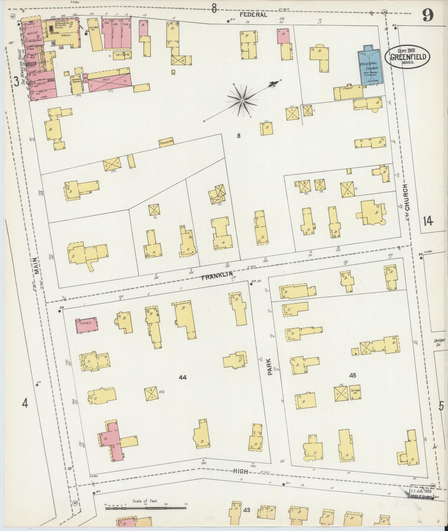 Sanborn Fire Insurance Map from Greenfield, Franklin County, Massachusetts (1902), Sheet #0009 - Historic Sanborn Fire Insurance Map Print, vintage old map wall art, antique decor, genealogy gift, Massachusetts Massachusetts map