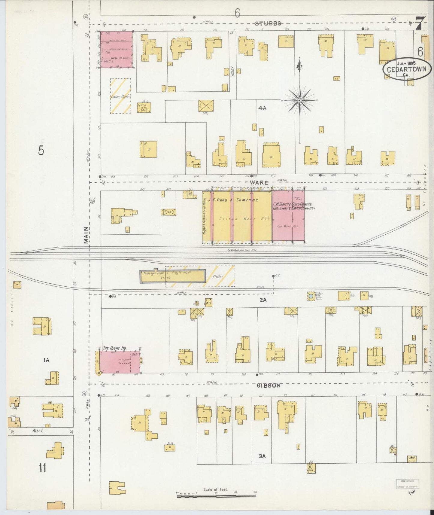 Sanborn Fire Insurance Map from Cedartown, Polk County, Georgia (1905), Sheet #0007 - Historic Sanborn Fire Insurance Map Print, vintage old map wall art, antique decor, genealogy gift, Georgia Georgia map