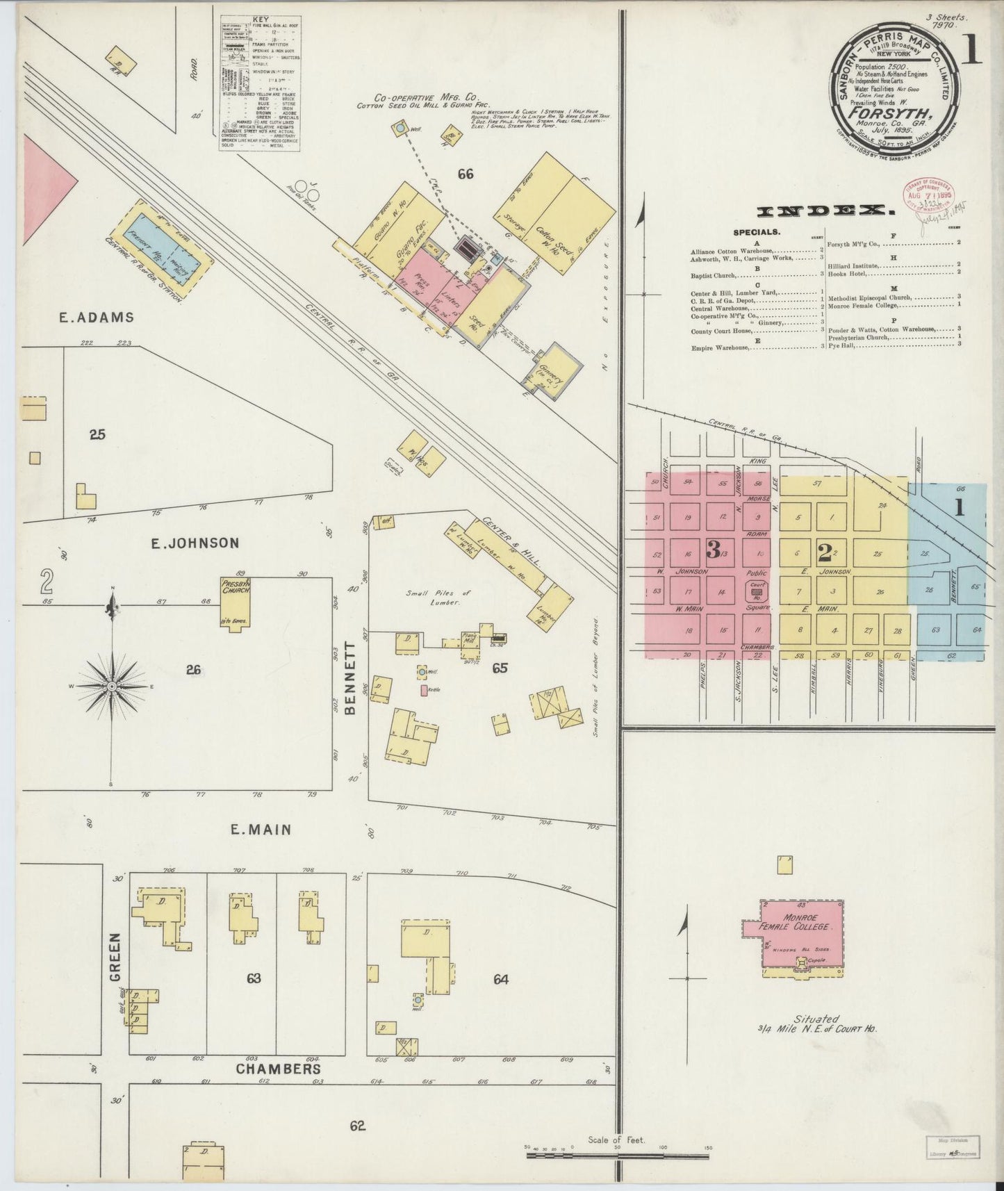 Sanborn Fire Insurance Map from Forsyth, Monroe County, Georgia (1895), Sheet #0001 - Historic Sanborn Fire Insurance Map Print, vintage old map wall art, antique decor, genealogy gift, Georgia Georgia map