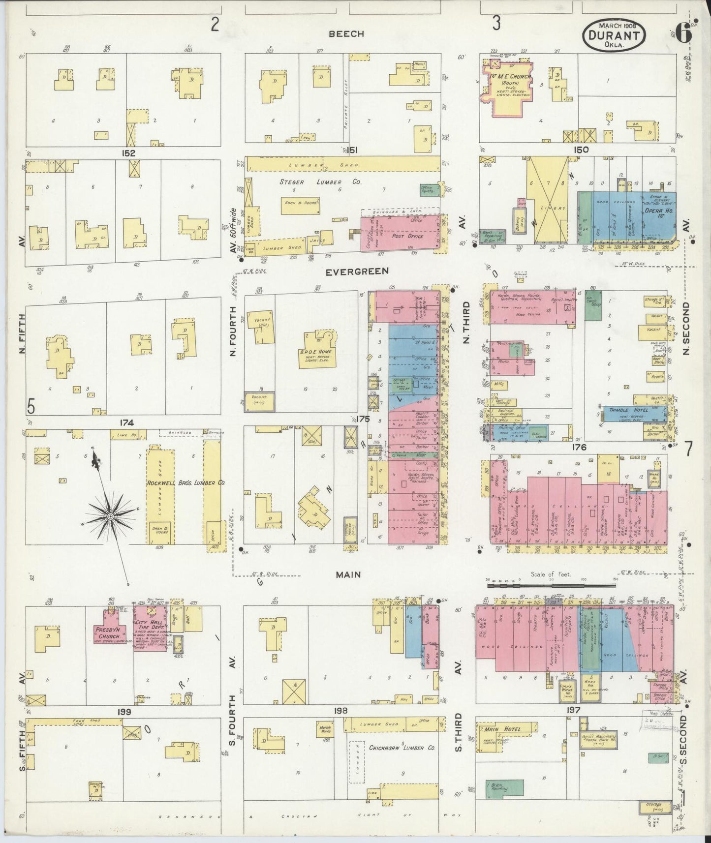 Sanborn Fire Insurance Map from Durant, Bryan County, Oklahoma (1908), Sheet #0006 - Historic Sanborn Fire Insurance Map Print, vintage old map wall art, antique decor, genealogy gift, Oklahoma Oklahoma map
