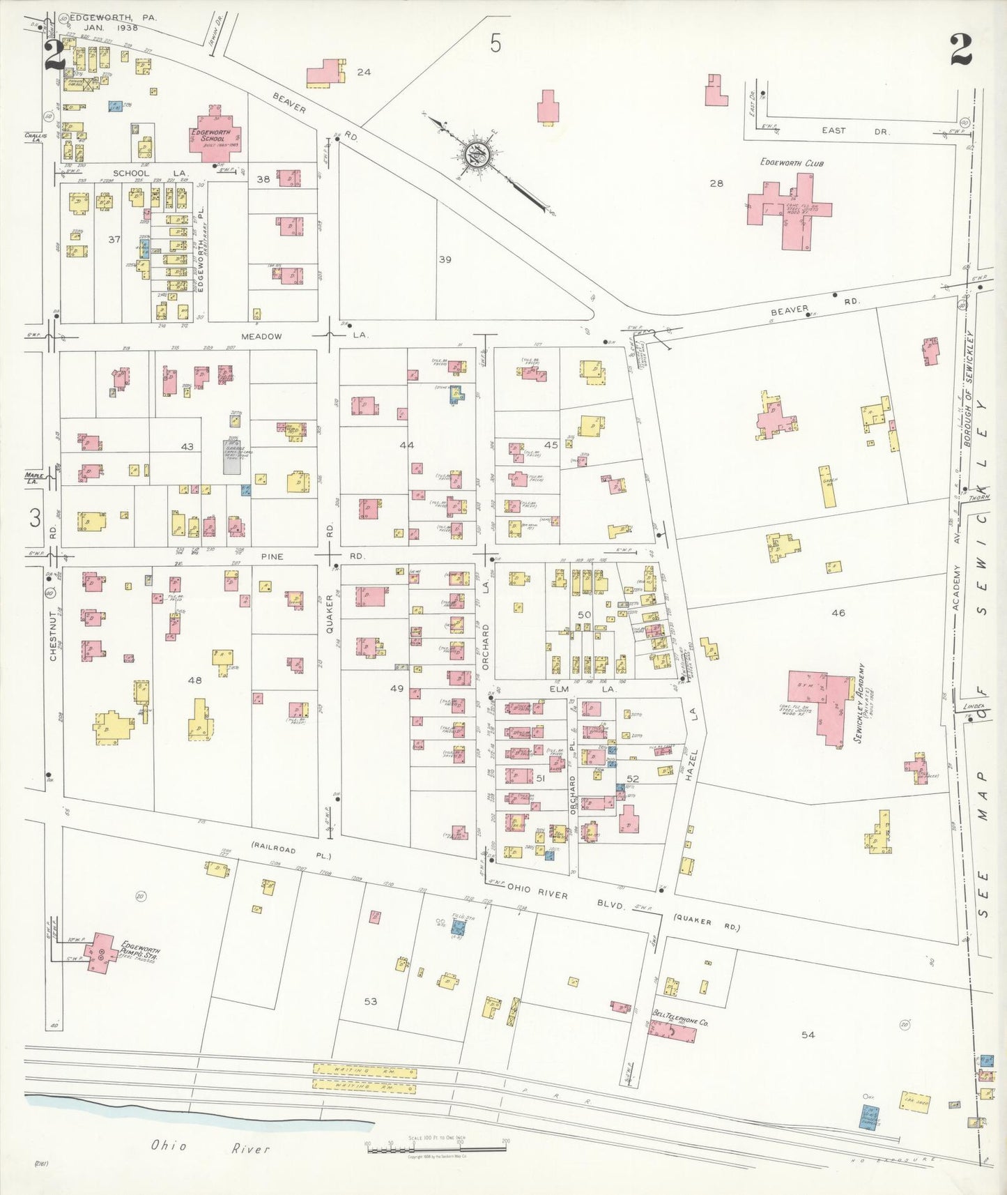 Sanborn Fire Insurance Map from Edgeworth, Allegheny County, Pennsylvania (1938), Sheet #0002 - Historic Sanborn Fire Insurance Map Print, vintage old map wall art, antique decor, genealogy gift, Pennsylvania Pennsylvania map