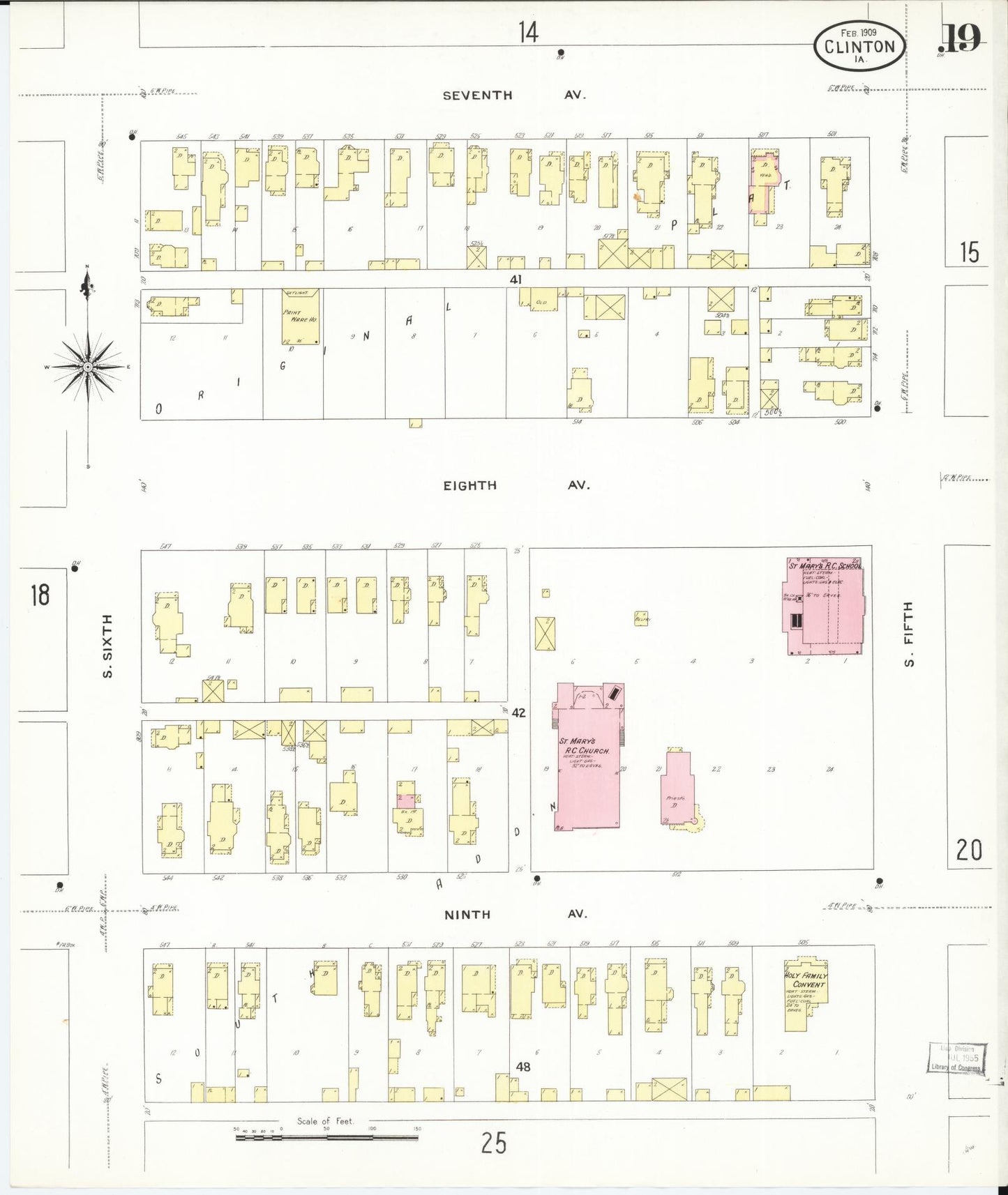 Sanborn Fire Insurance Map from Clinton, Clinton County, Iowa (1909), Sheet #0019 - Historic Sanborn Fire Insurance Map Print, vintage old map wall art