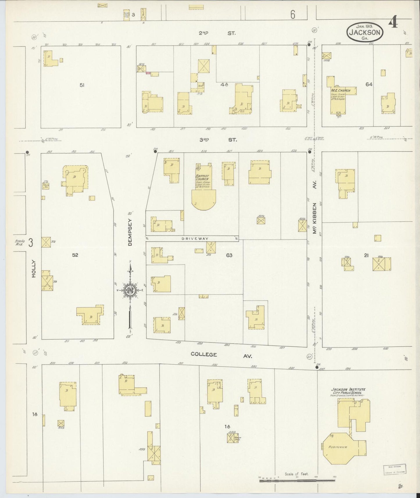 Sanborn Fire Insurance Map from Jackson, Butts County, Georgia (1913), Sheet #0004 - Historic Sanborn Fire Insurance Map Print, vintage old map wall art, antique decor, genealogy gift, Georgia Georgia map