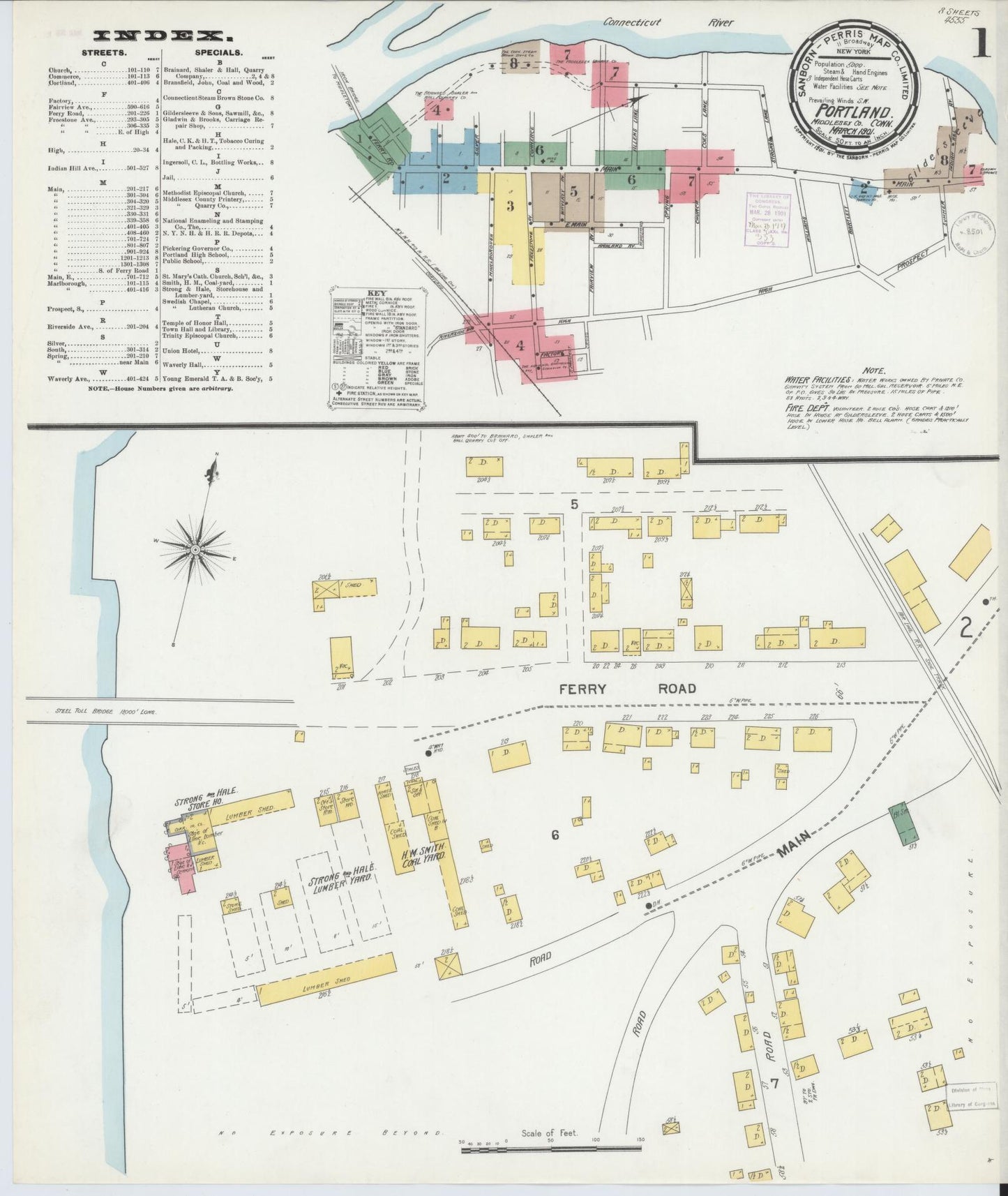 Sanborn Fire Insurance Map from Portland, Middlesex County, Connecticut (1901), Sheet #0001 - Historic Sanborn Fire Insurance Map Print, vintage old map wall art, antique decor, genealogy gift, Connecticut Connecticut map
