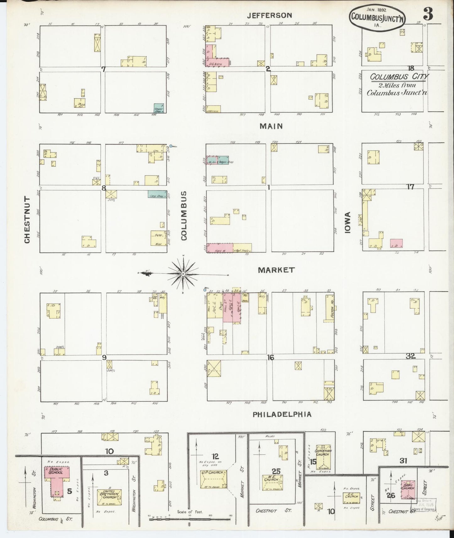 Sanborn Fire Insurance Map from Columbus Junction, Louisa County, Iowa (1892), Sheet #0003 - Historic Sanborn Fire Insurance Map Print, vintage old map wall art