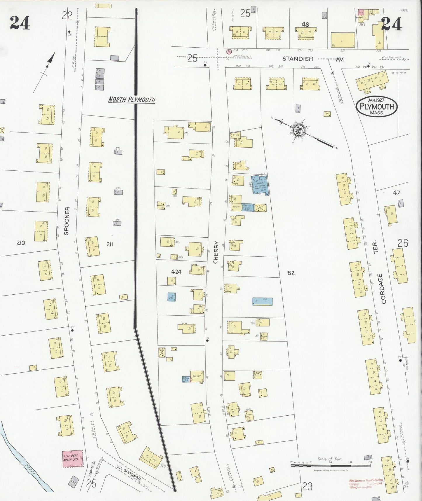 Sanborn Fire Insurance Map from Plymouth, Plymouth County, Massachusetts (1927), Sheet #0024 - Historic Sanborn Fire Insurance Map Print, vintage old map wall art, antique decor, genealogy gift, Massachusetts Massachusetts map