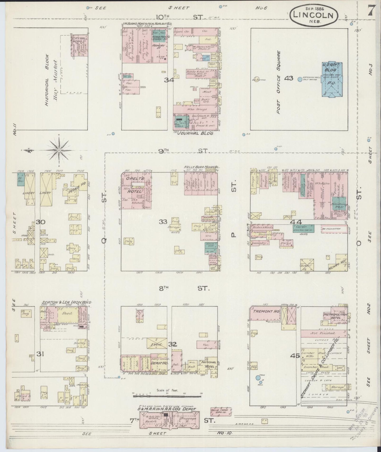 Sanborn Fire Insurance Map from Lincoln, Lancaster County, Nebraska (1886), Sheet #0007 - Historic Sanborn Fire Insurance Map Print, vintage old map wall art, antique decor, genealogy gift, Nebraska Nebraska map
