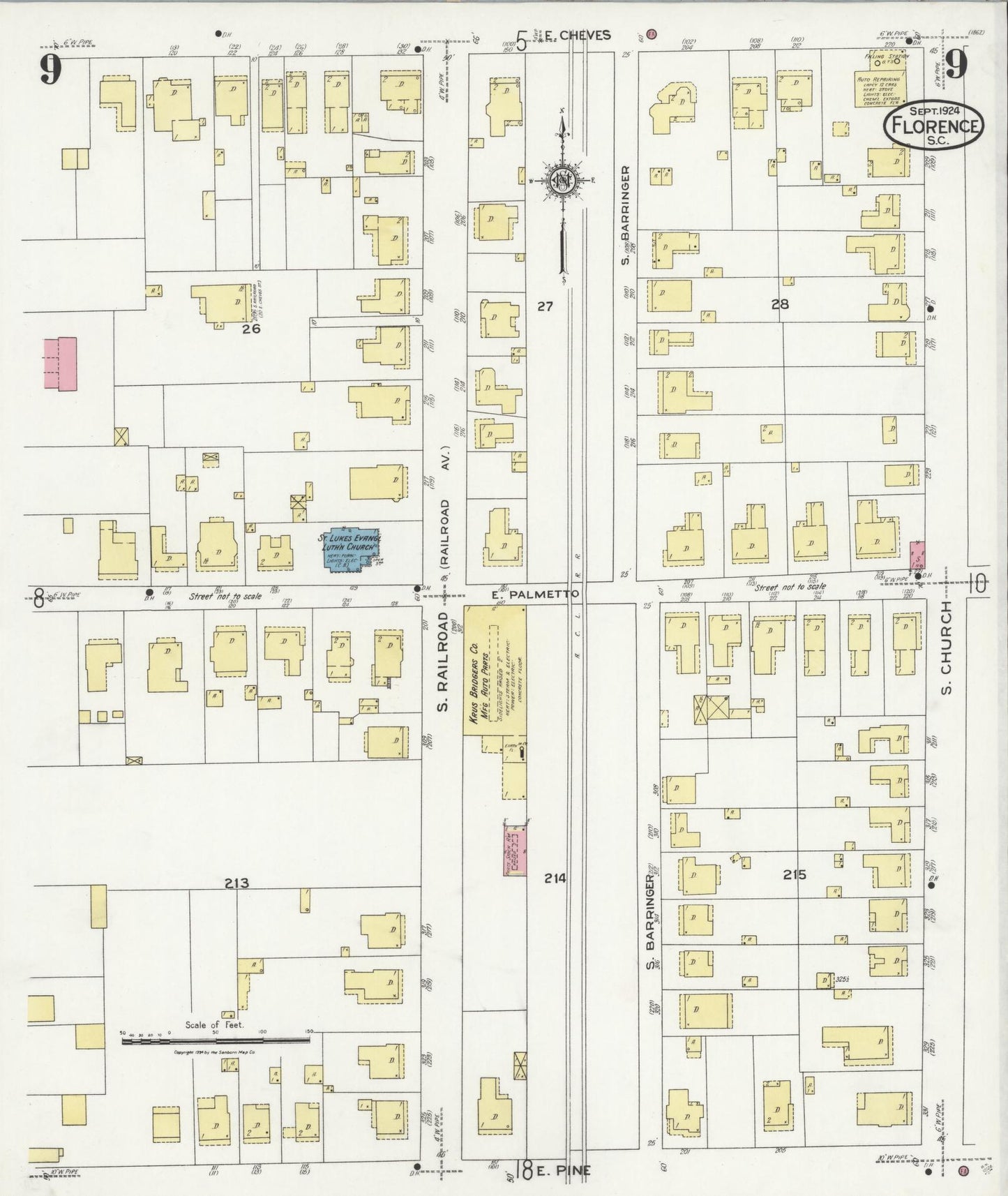 Sanborn Fire Insurance Map from Florence, Florence County, South Carolina (1924), Sheet #0009 - Historic Sanborn Fire Insurance Map Print, vintage old map wall art, antique decor, genealogy gift, South Carolina South Carolina map