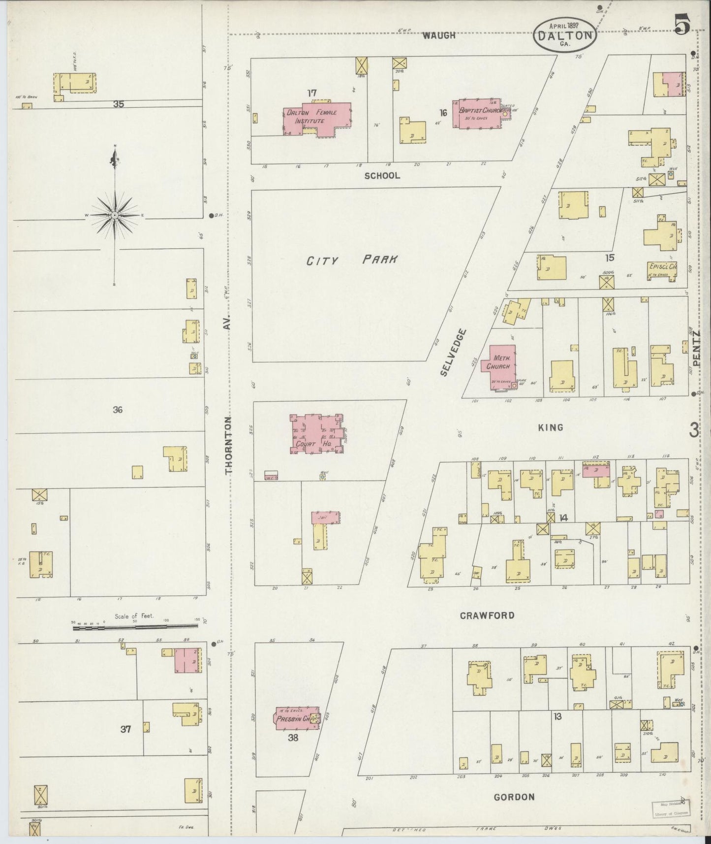 Sanborn Fire Insurance Map from Dalton, Whitfield County, Georgia (1897), Sheet #0005 - Historic Sanborn Fire Insurance Map Print, vintage old map wall art, antique decor, genealogy gift, Georgia Georgia map