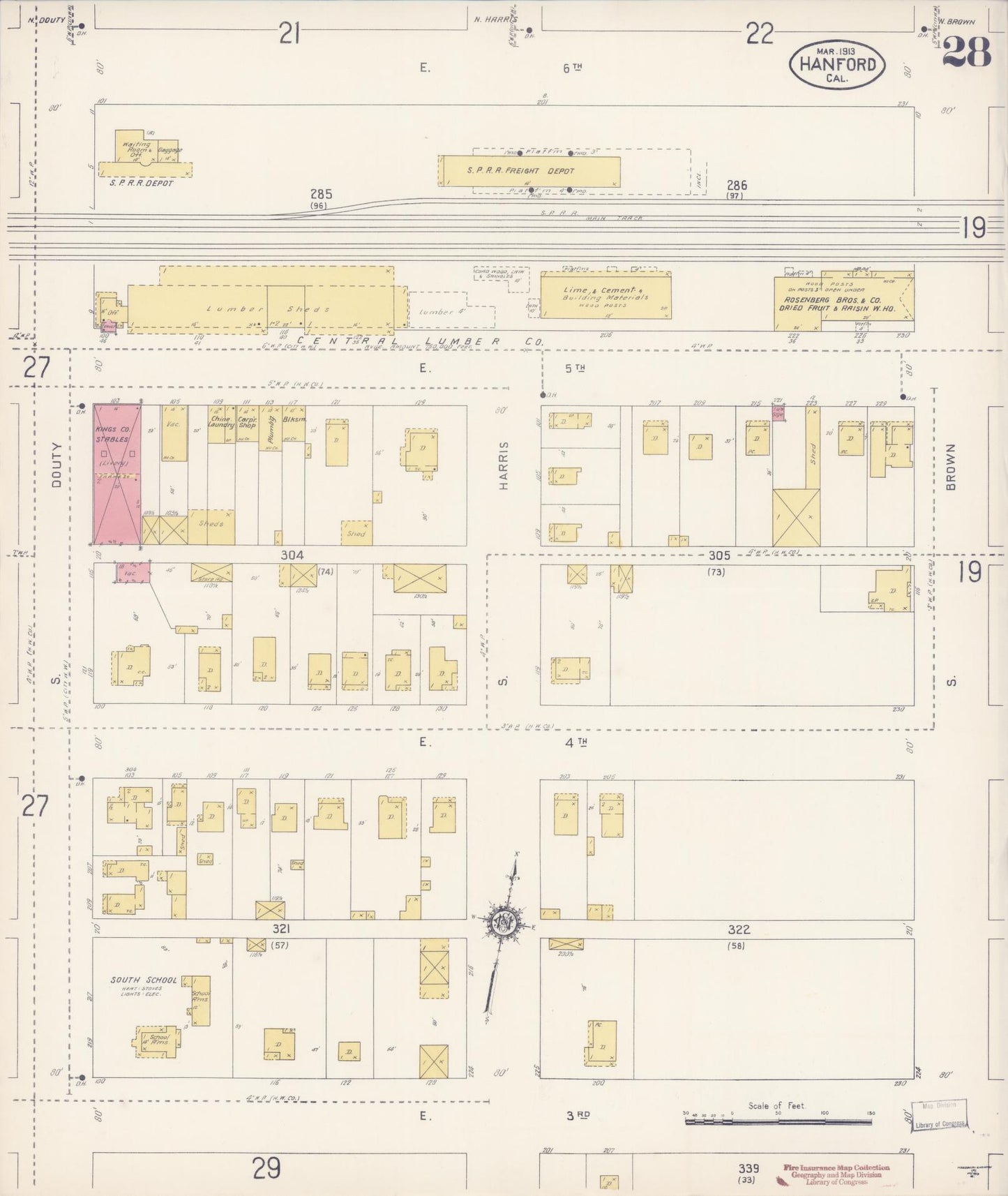 Sanborn Fire Insurance Map from Hanford, Kings County, California (1913), Sheet #0028 - Historic Sanborn Fire Insurance Map Print, vintage old map wall art, antique decor, genealogy gift, California California map