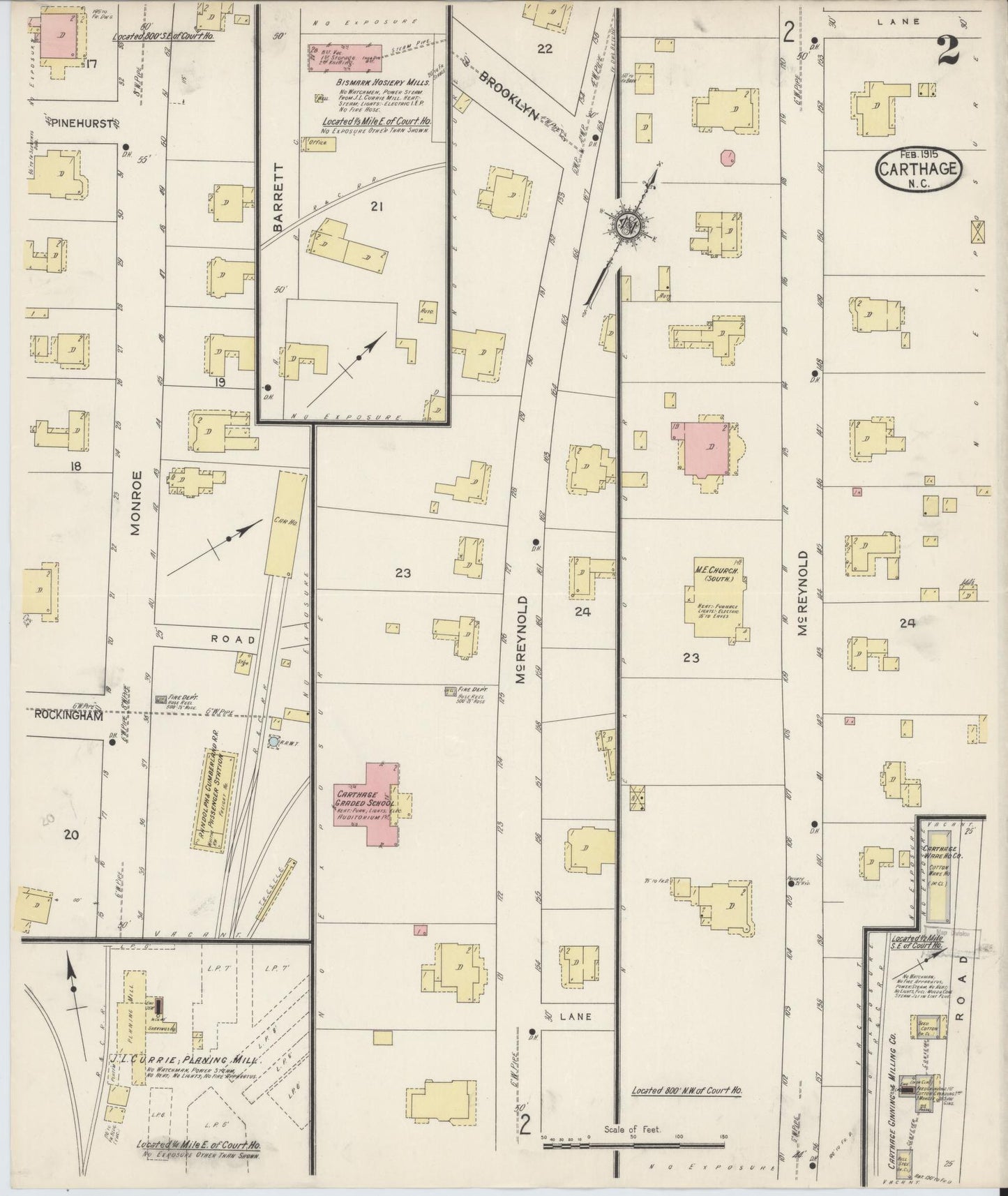 Sanborn Fire Insurance Map from Carthage, Moore County, North Carolina (1915), Sheet #0002 - Historic Sanborn Fire Insurance Map Print, vintage old map wall art, antique decor, genealogy gift, North Carolina North Carolina map