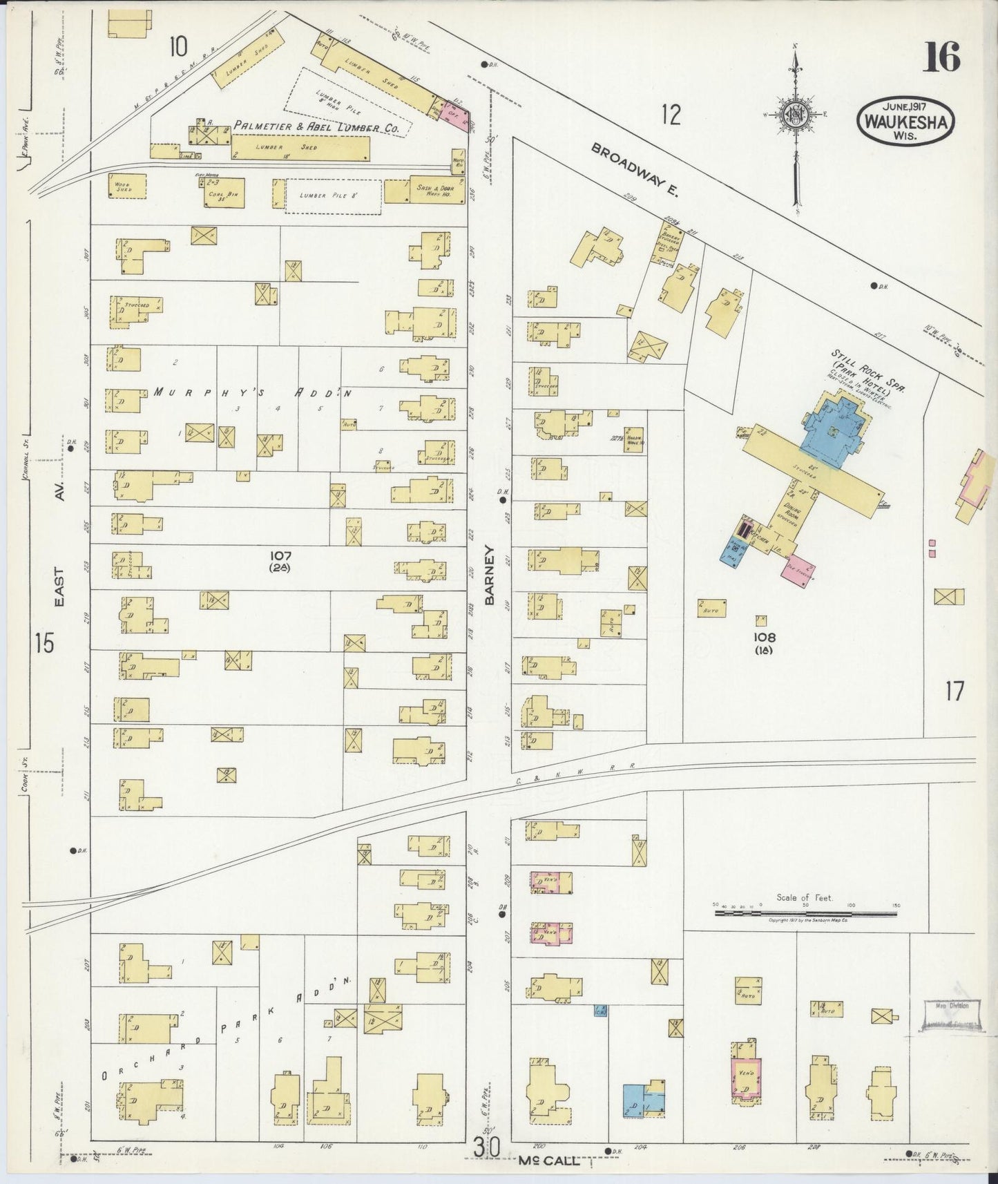 Sanborn Fire Insurance Map from Waukesha, Waukesha County, Wisconsin (1917), Sheet #0016 - Historic Sanborn Fire Insurance Map Print, vintage old map wall art, antique decor, genealogy gift, Wisconsin Wisconsin map