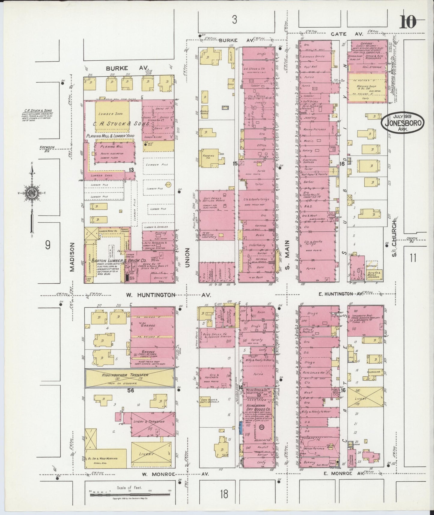 Sanborn Fire Insurance Map from Jonesboro, Craighead County, Arkansas (1919), Sheet #0010 - Historic Sanborn Fire Insurance Map Print, vintage old map wall art, antique decor, genealogy gift, Arkansas Arkansas map