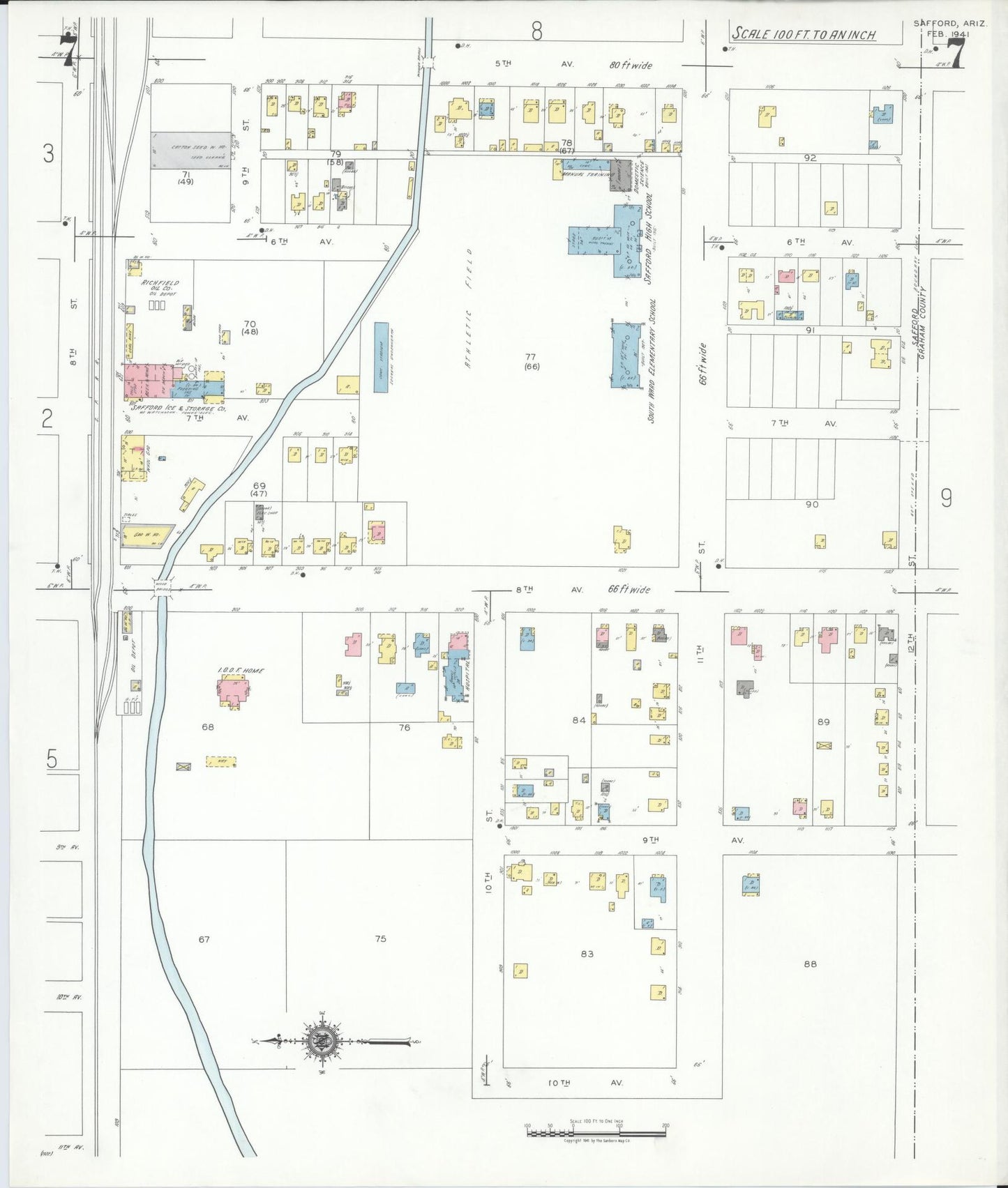 Sanborn Fire Insurance Map from Safford, Graham County, Arizona (1941), Sheet #0007 - Historic Sanborn Fire Insurance Map Print, vintage old map wall art, antique decor, genealogy gift, Arizona Arizona map